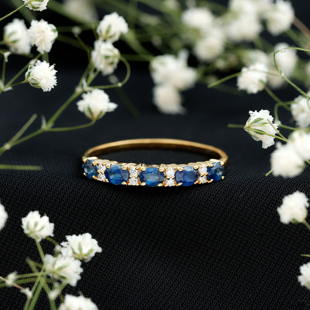 Natural 0.8 Carat Oval Blue Sapphire and Diamond Half Eternity Wedding Band