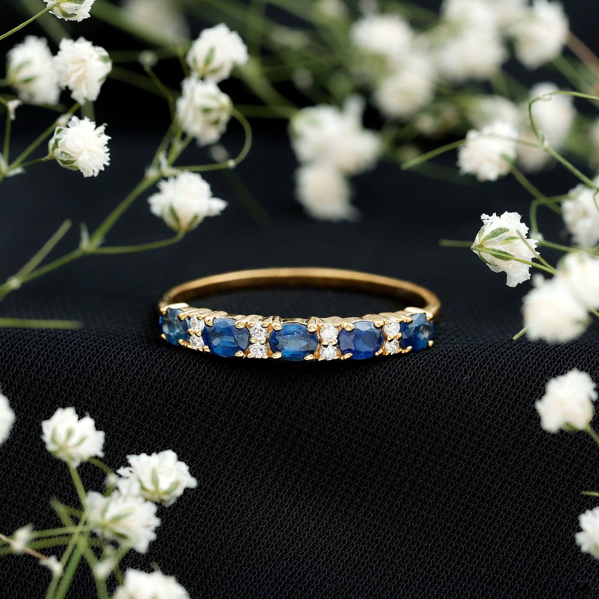 Natural 0.8 Carat Oval Blue Sapphire and Diamond Half Eternity Wedding Band