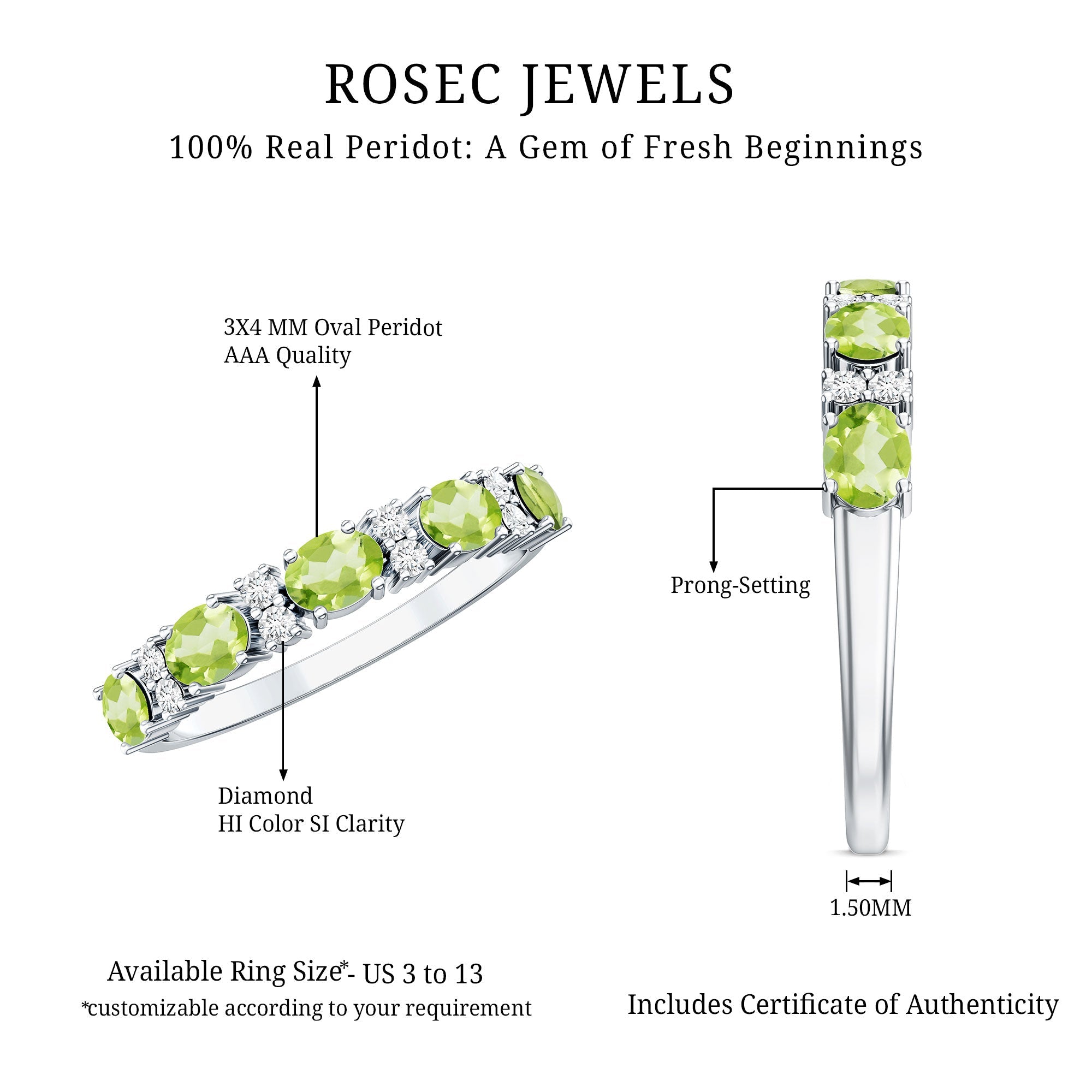 Natural Oval Peridot Diamond Half Eternity Ring in East West Style