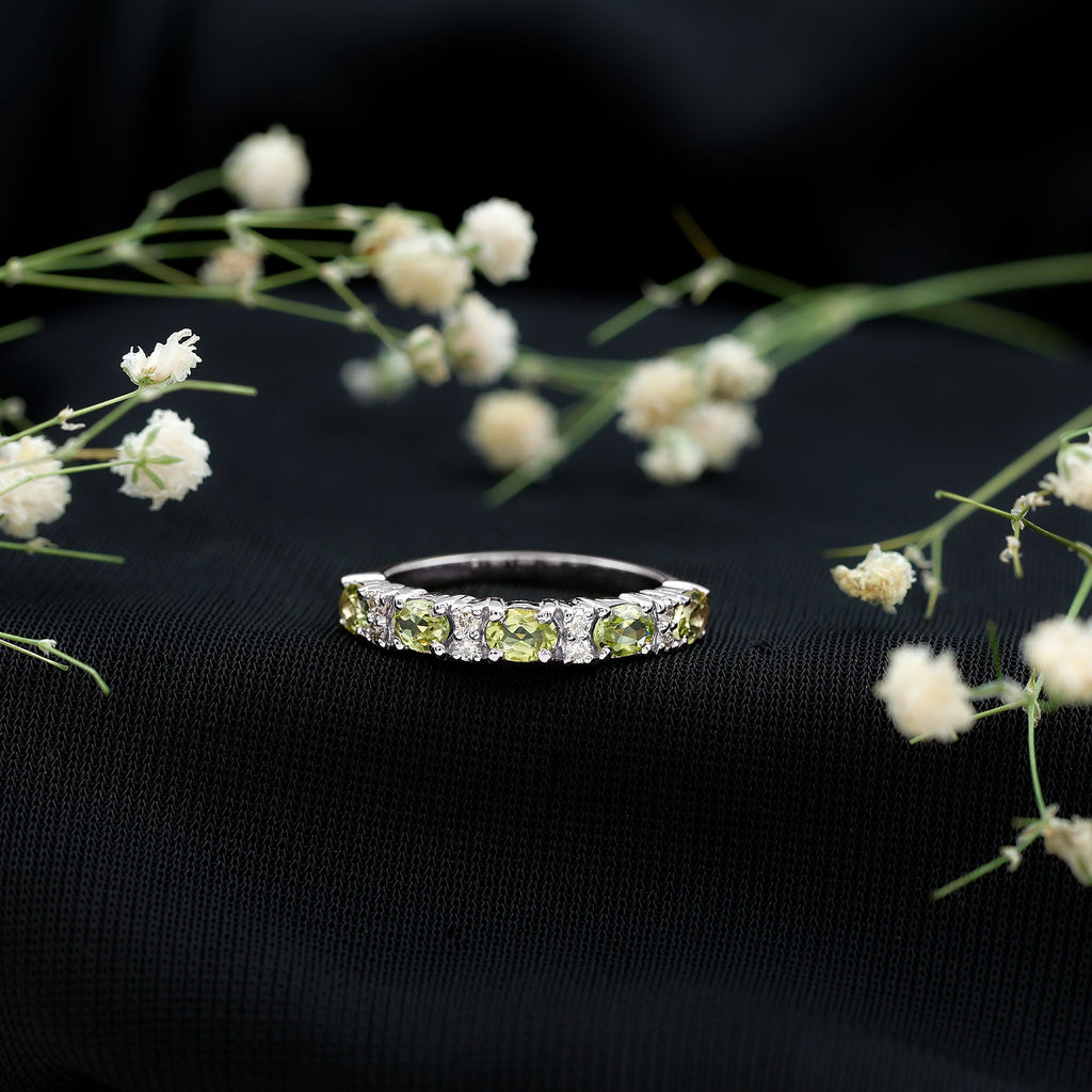 Natural Oval Peridot Diamond Half Eternity Ring in East West Style