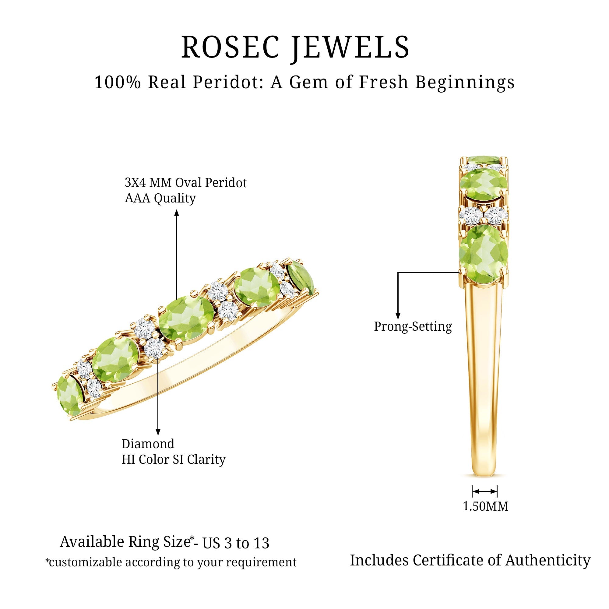 Natural Oval Peridot Diamond Half Eternity Ring in East West Style