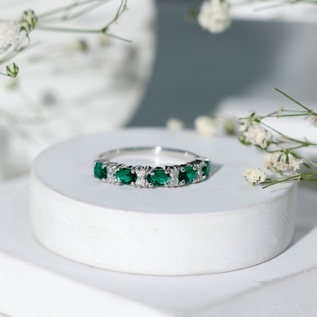 Certified Oval Lab Grown Emerald Half Eternity Ring with Diamond
