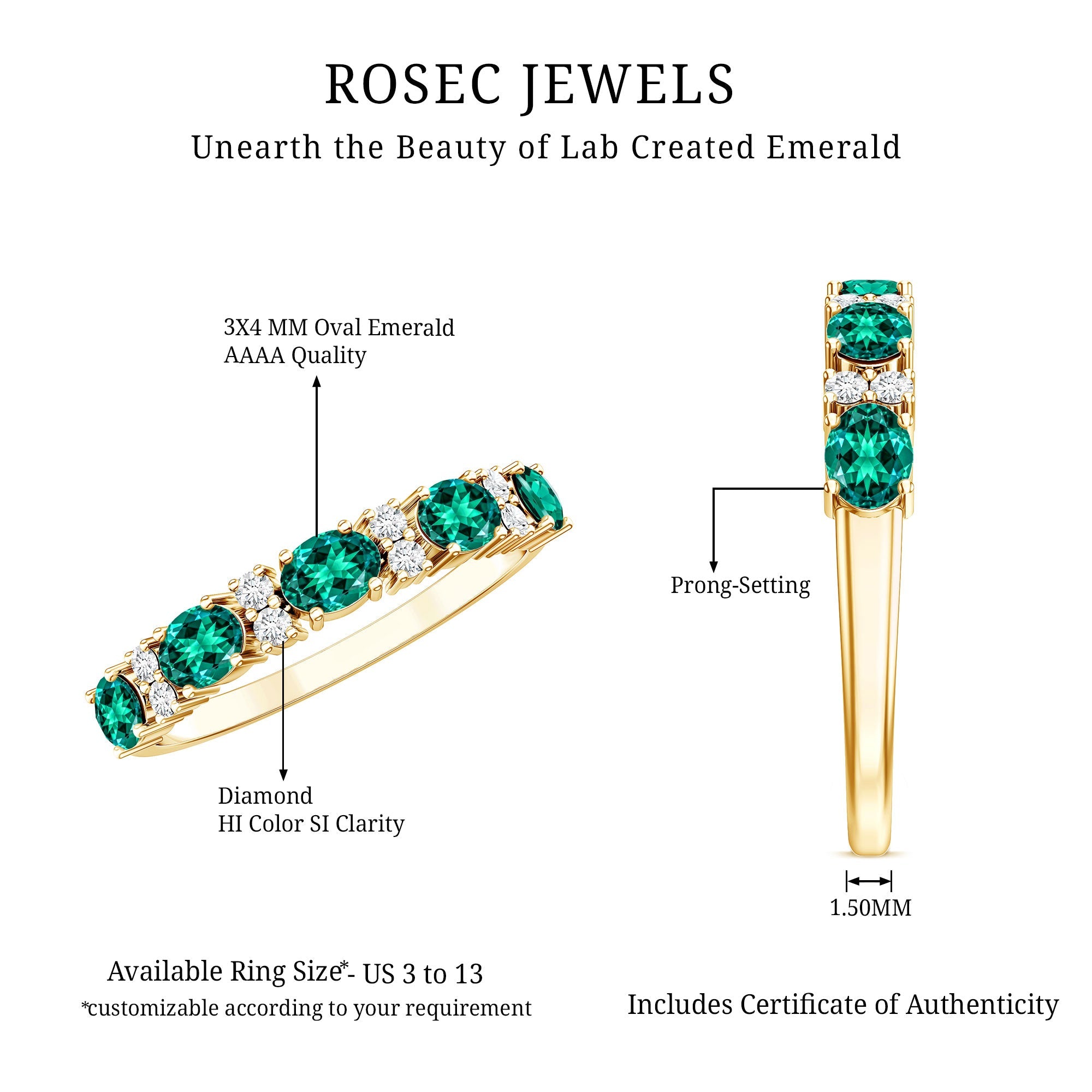 Certified Oval Lab Grown Emerald Half Eternity Ring with Diamond