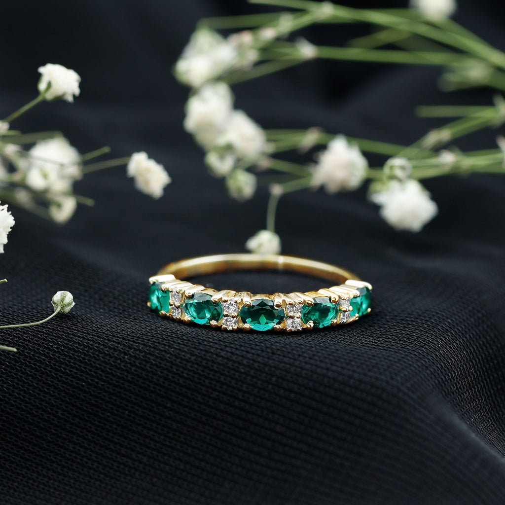 Certified Oval Lab Grown Emerald Half Eternity Ring with Diamond