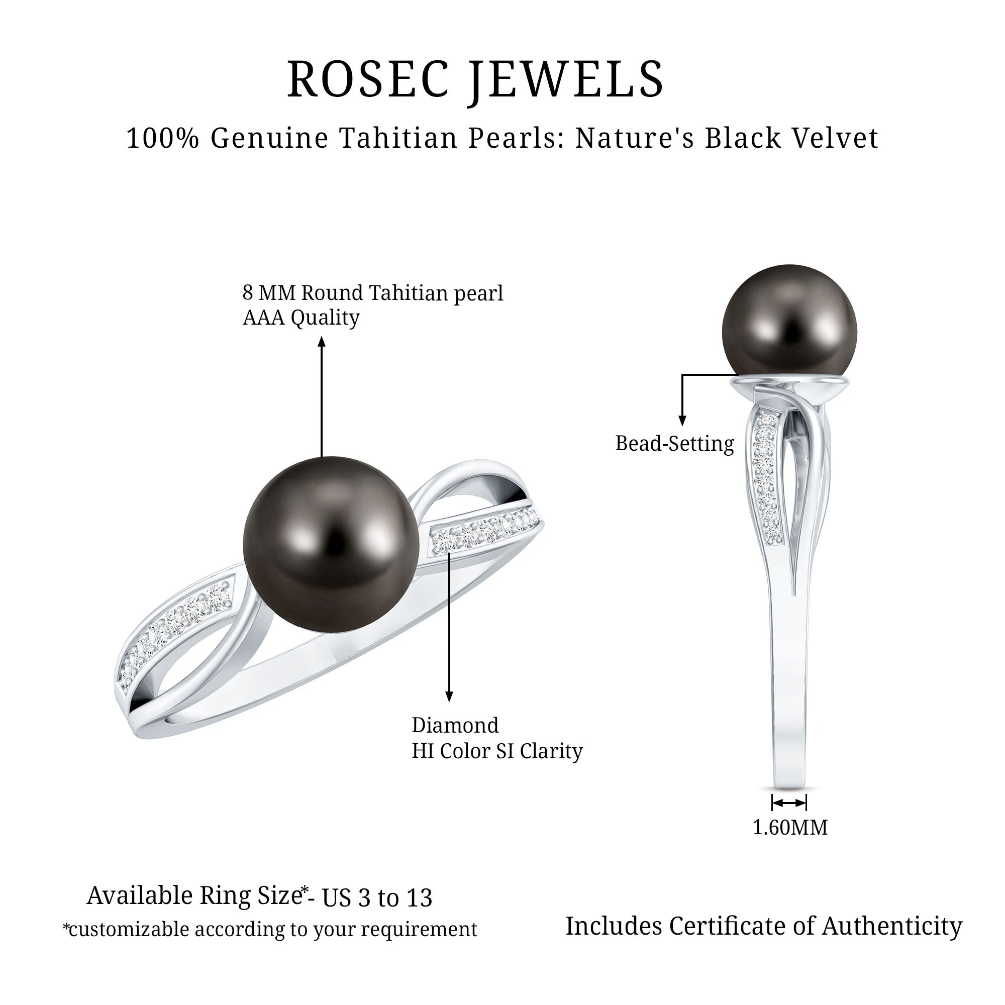 7.5 Carat Solitaire Tahitian Pearl Engagement Ring with Diamond
