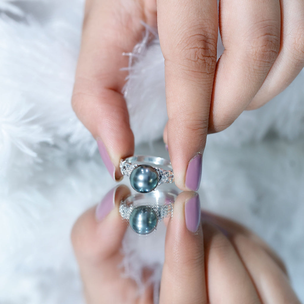 7.5 Carat Genuine Tahitian Black Pearl Flower Engagement Ring with Diamond