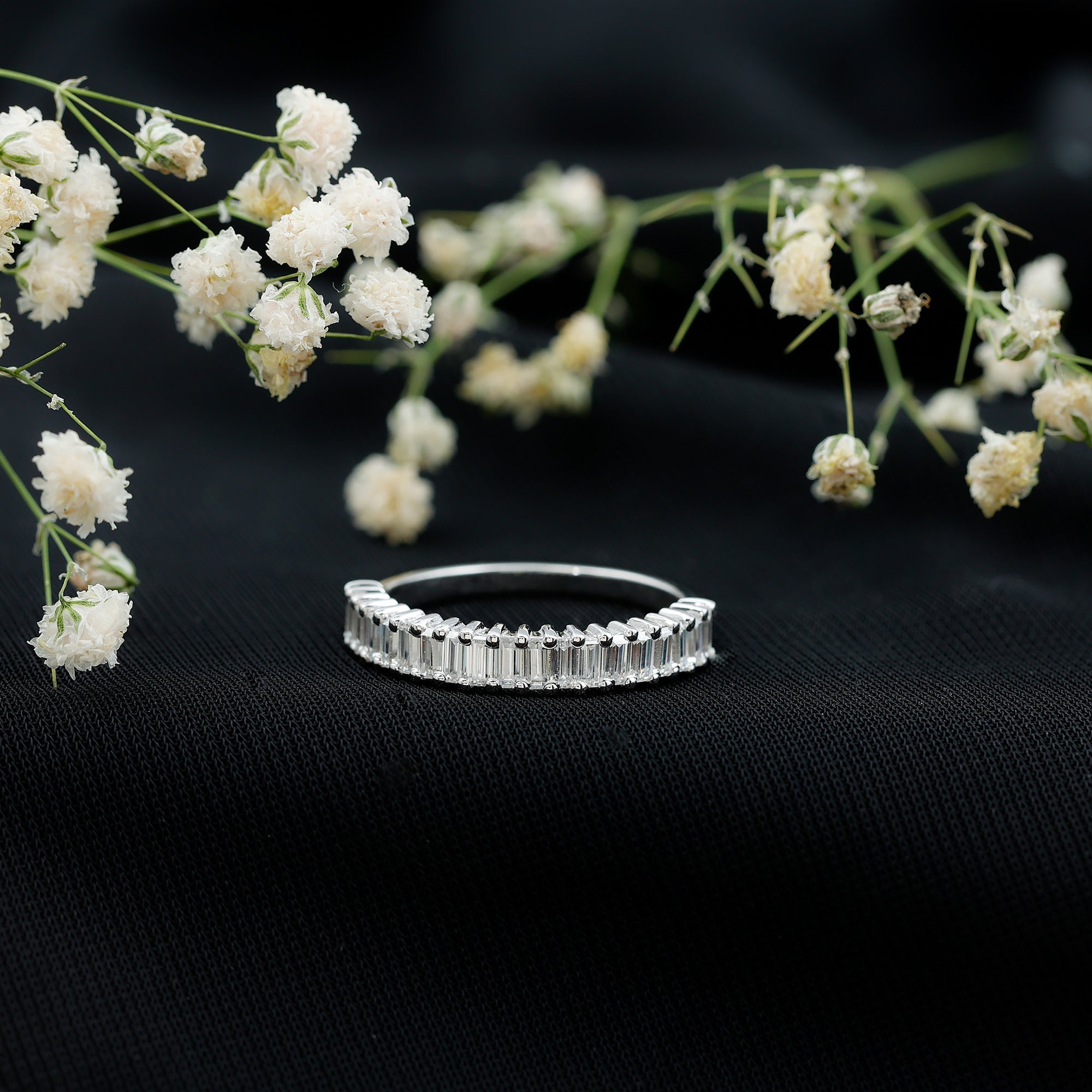 Certified Baguette Cut Moissanite Half Eternity Band Ring