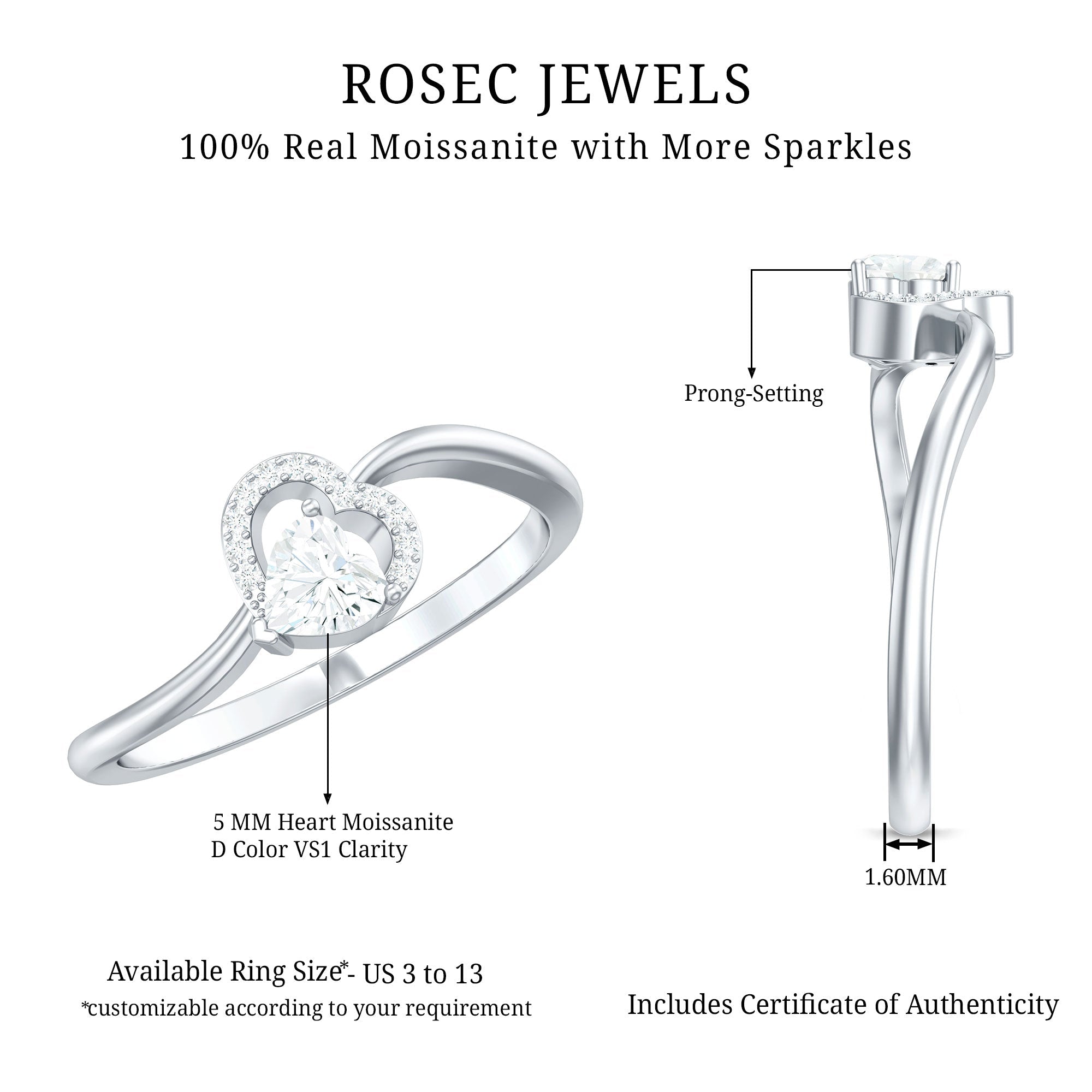Certified Moissanite Heart Promise Ring for Her
