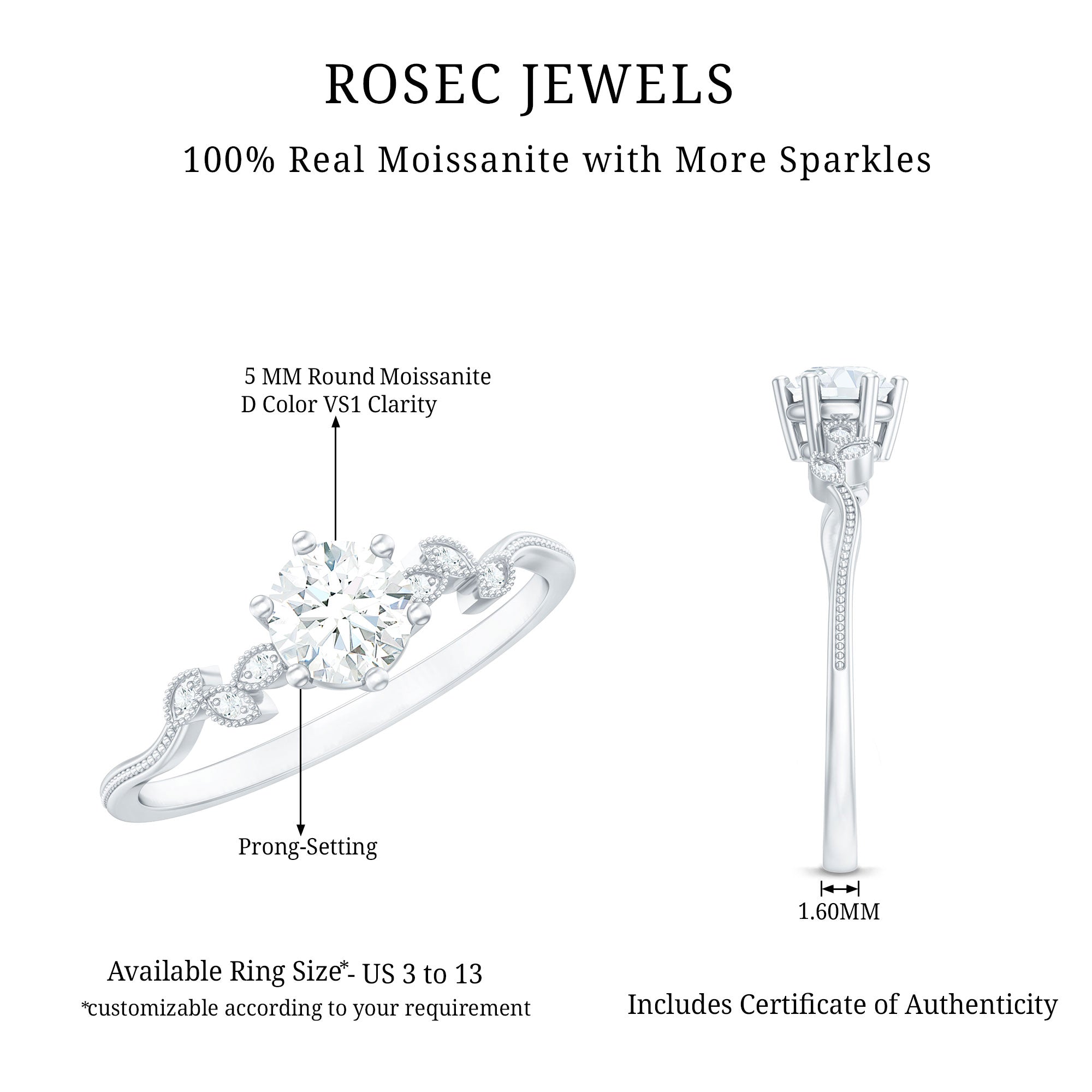 Certified Moissanite Flower Promise Ring with Beaded Detail