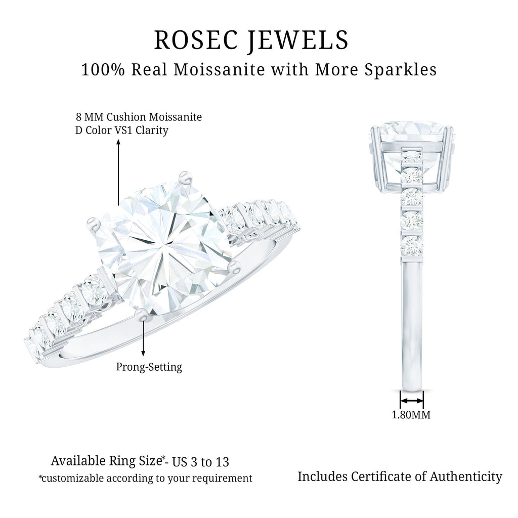 Solitaire Moissanite Cushion Cut Engagement Ring with Side Stones