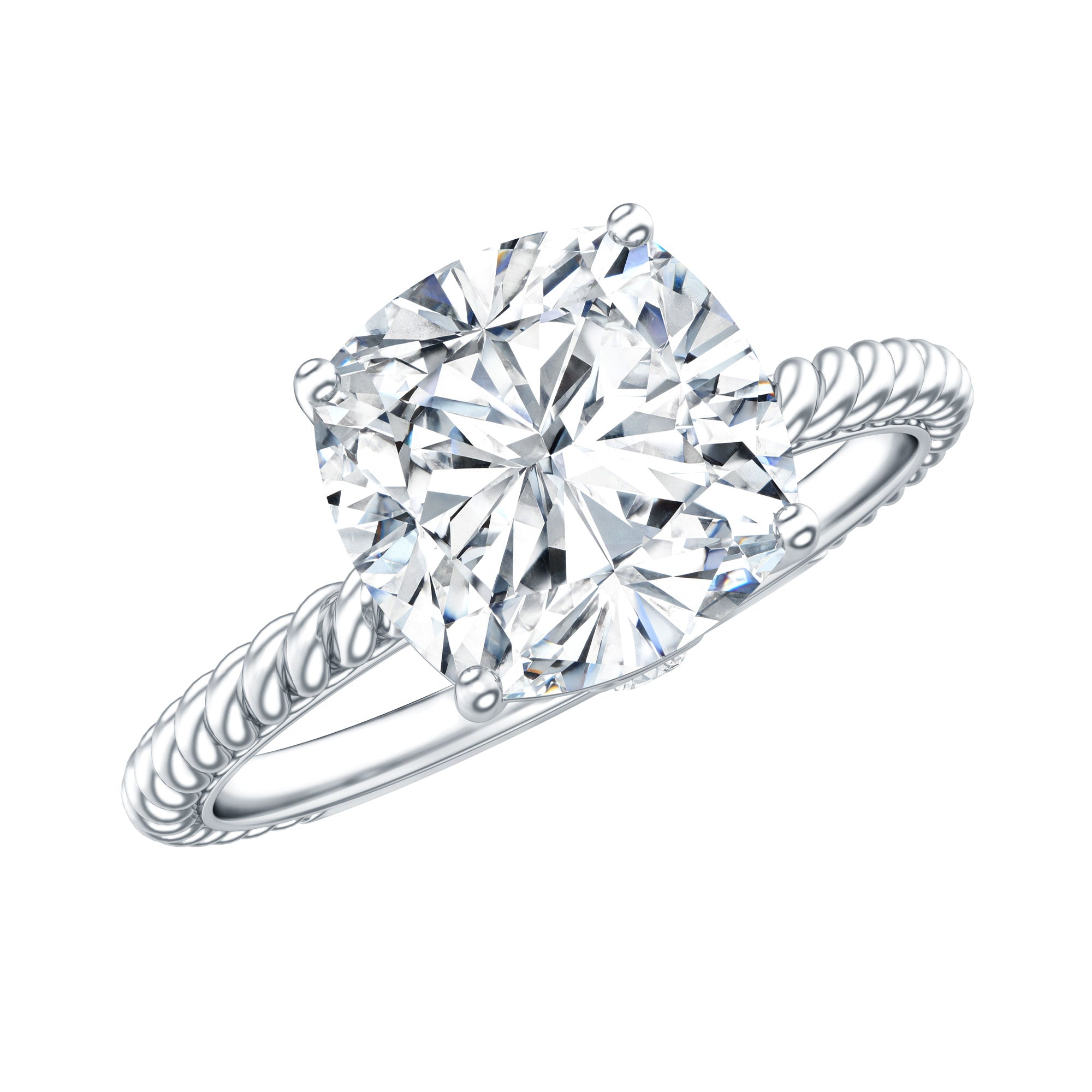 Cushion Cut Moissanite Solitaire Engagement Ring with Twisted Rope