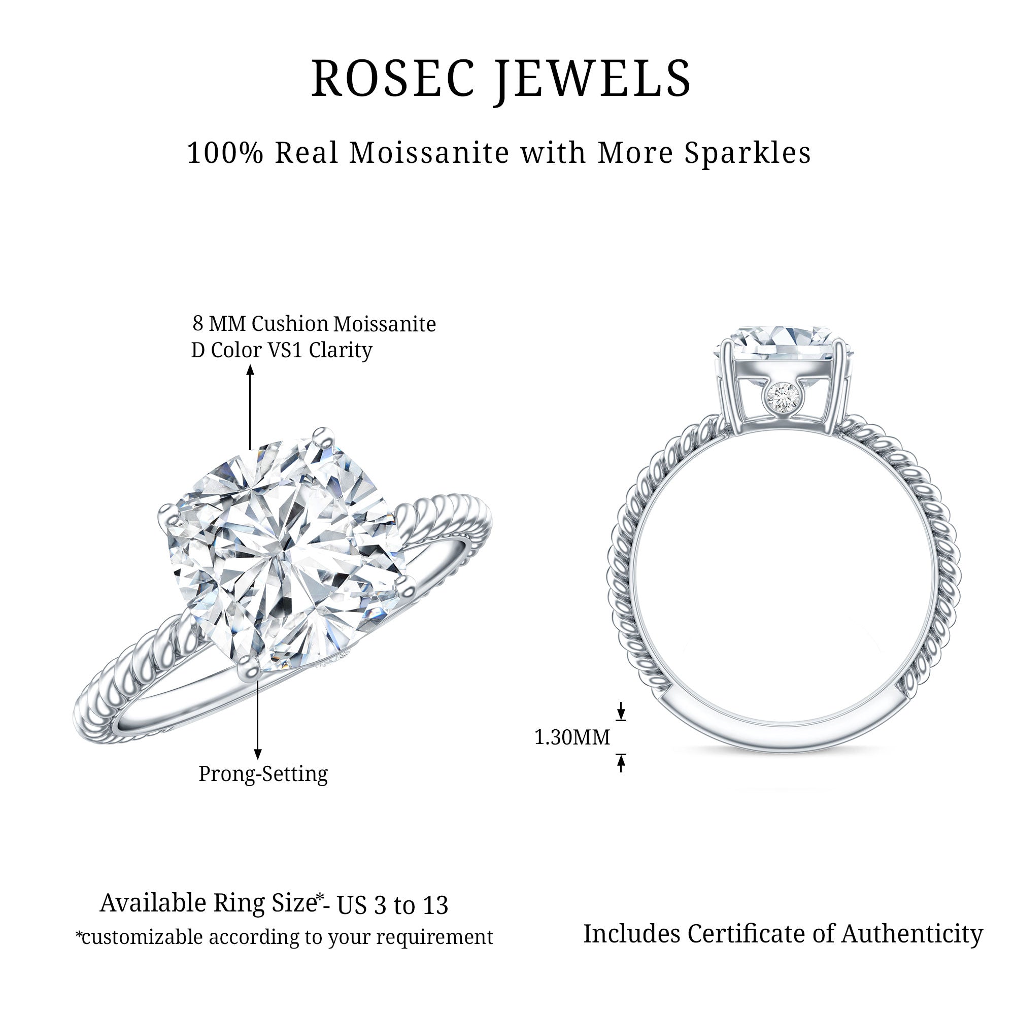 Cushion Cut Moissanite Solitaire Engagement Ring with Twisted Rope