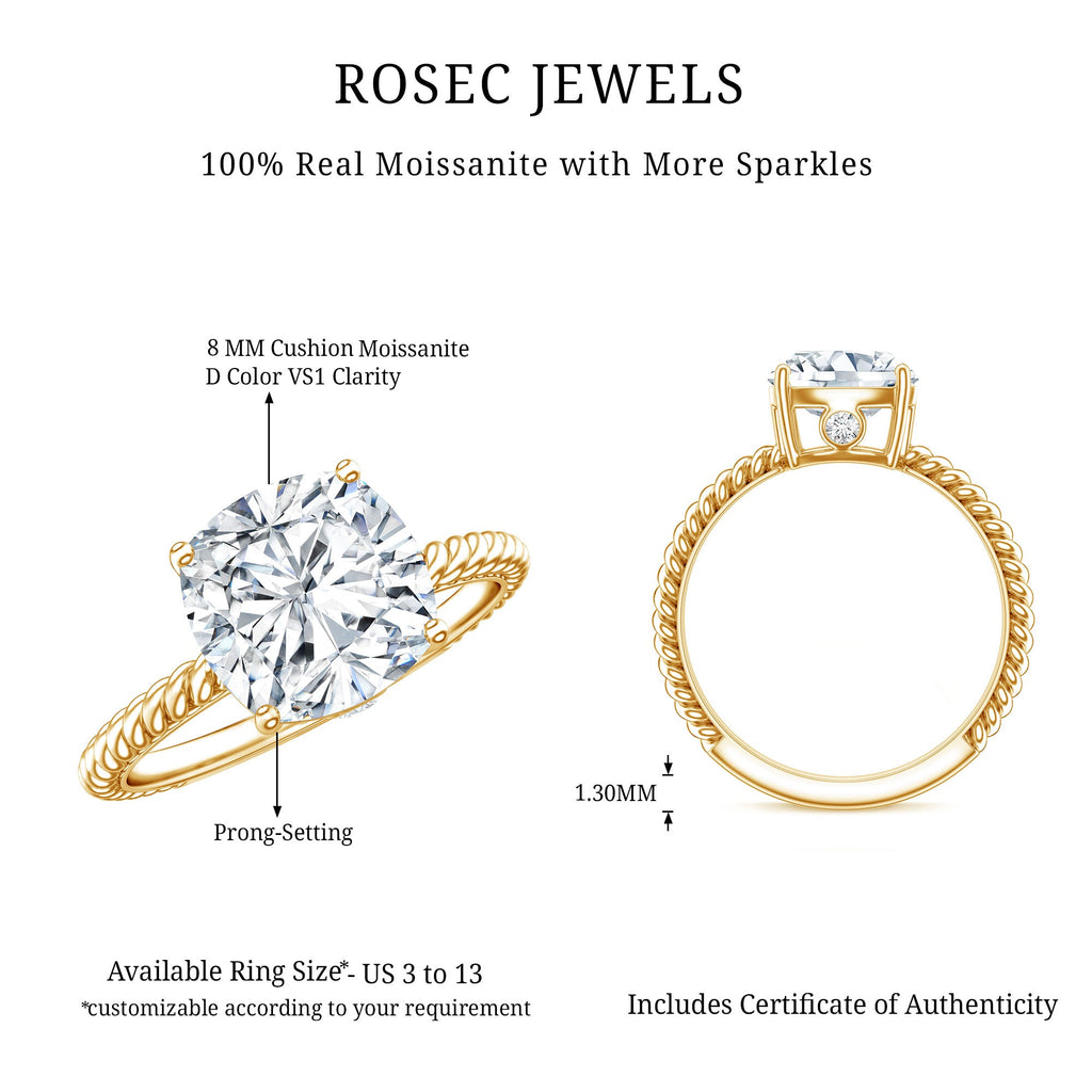 Cushion Cut Moissanite Solitaire Engagement Ring with Twisted Rope