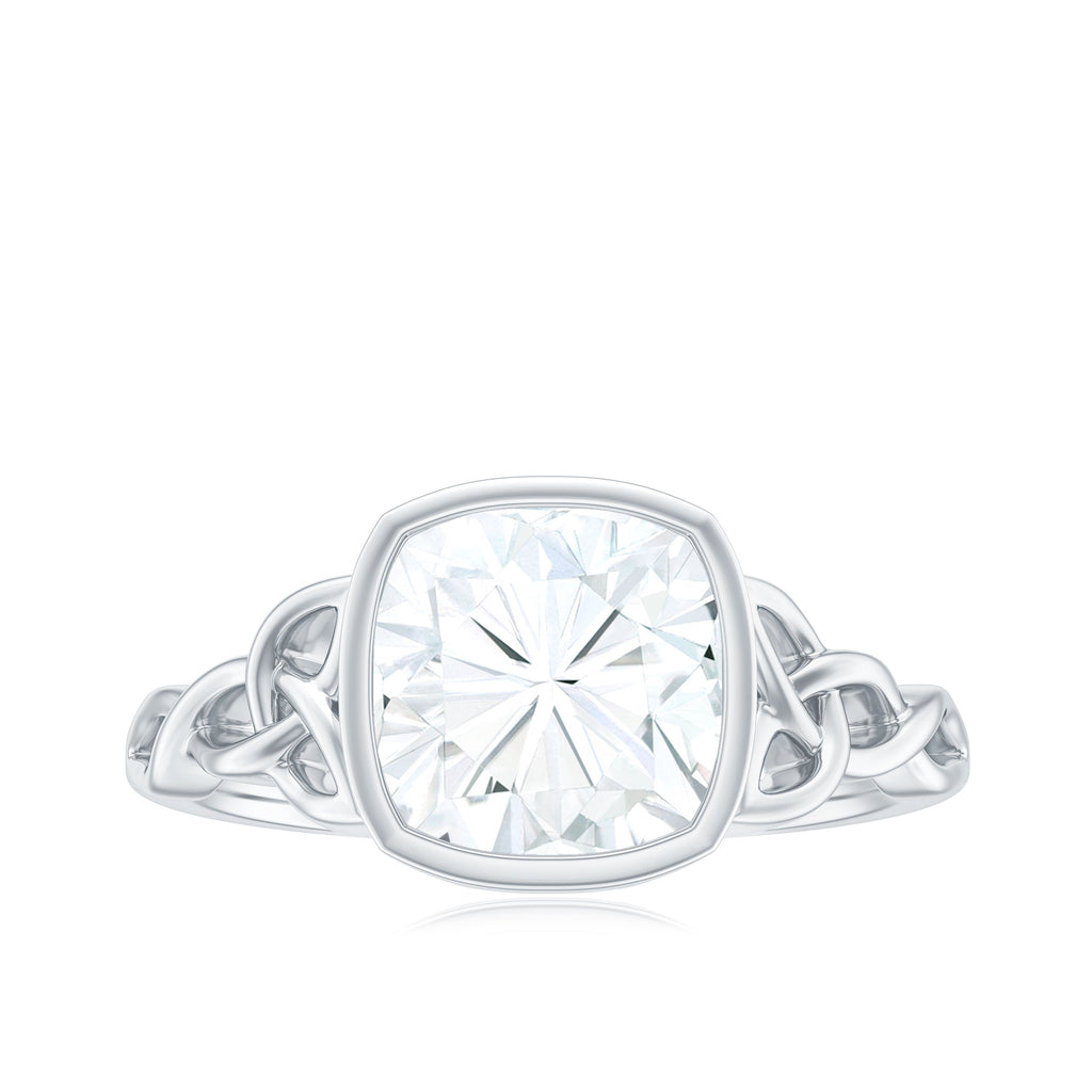 Cushion Cut Moissanite Solitaire Celtic Knot Ring in Bezel Setting
