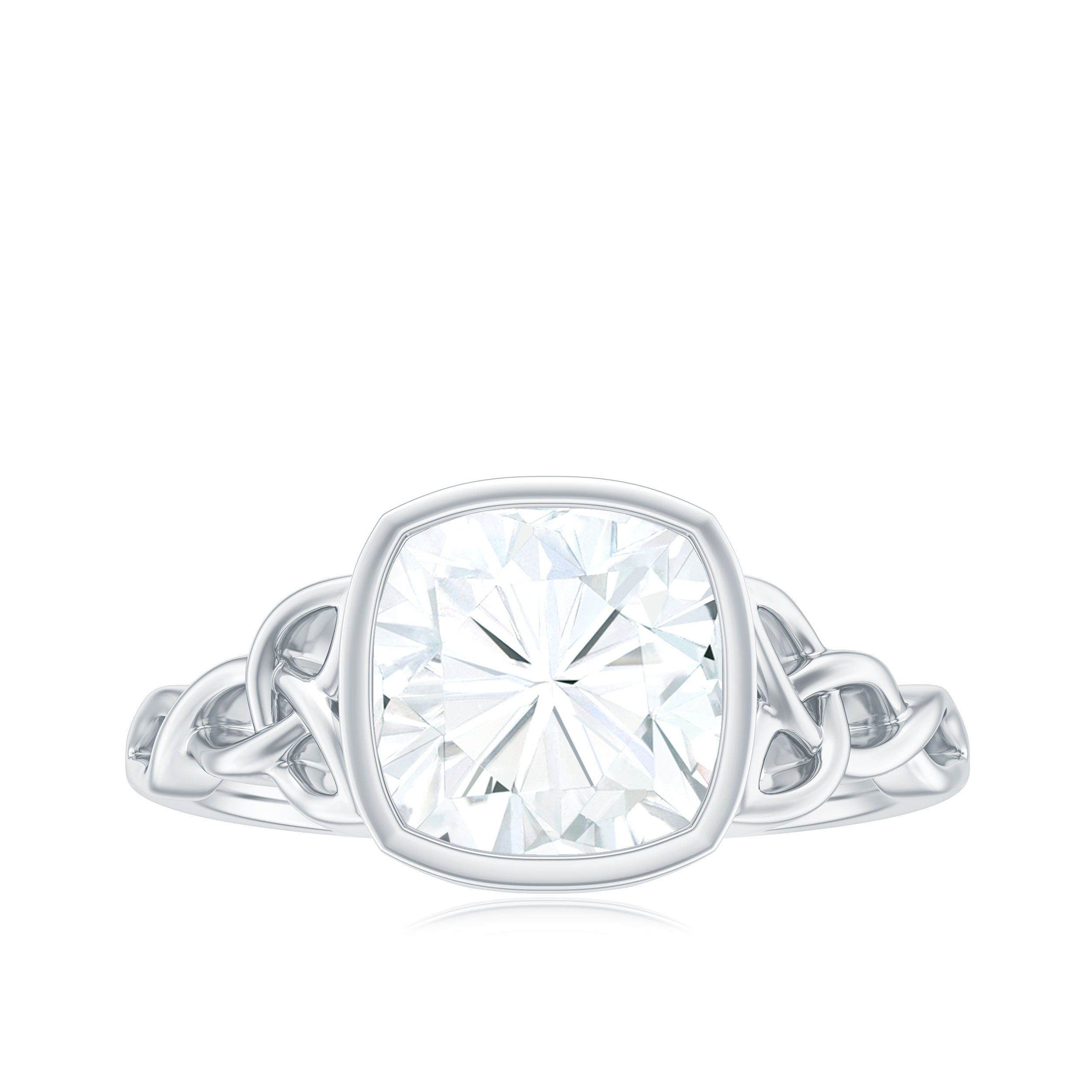 Cushion Cut Moissanite Solitaire Celtic Knot Ring in Bezel Setting