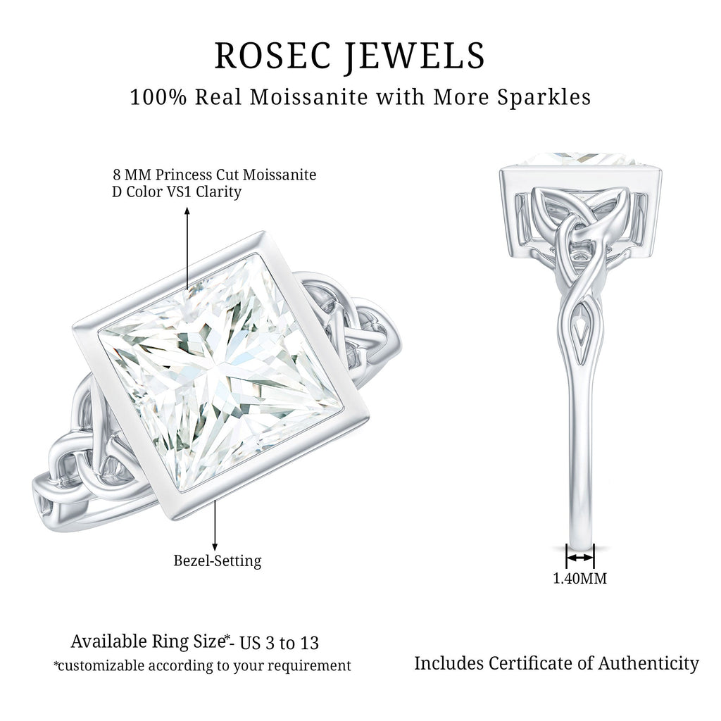 Princess Cut Moissanite Celtic Engagement Ring in Bezel Setting