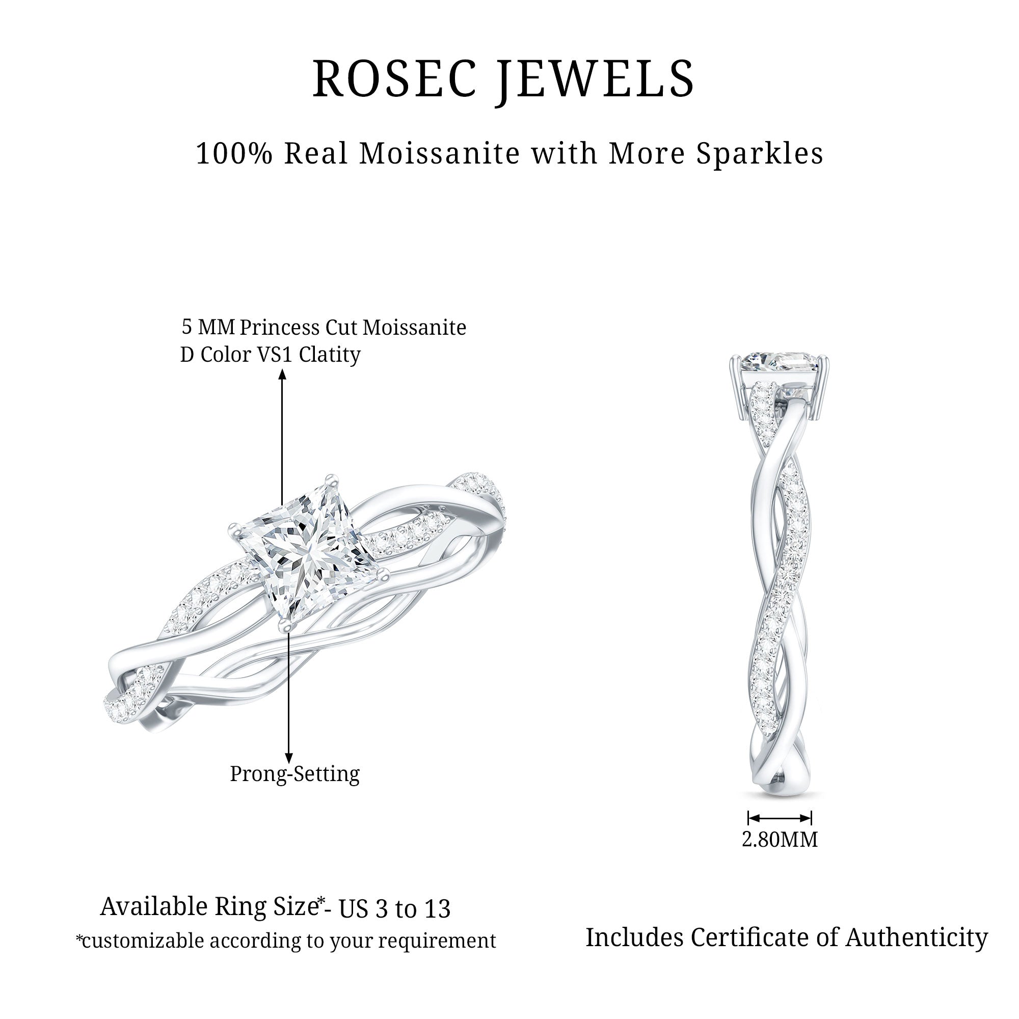 Princess Cut Moissanite Braided Engagement Ring for Women