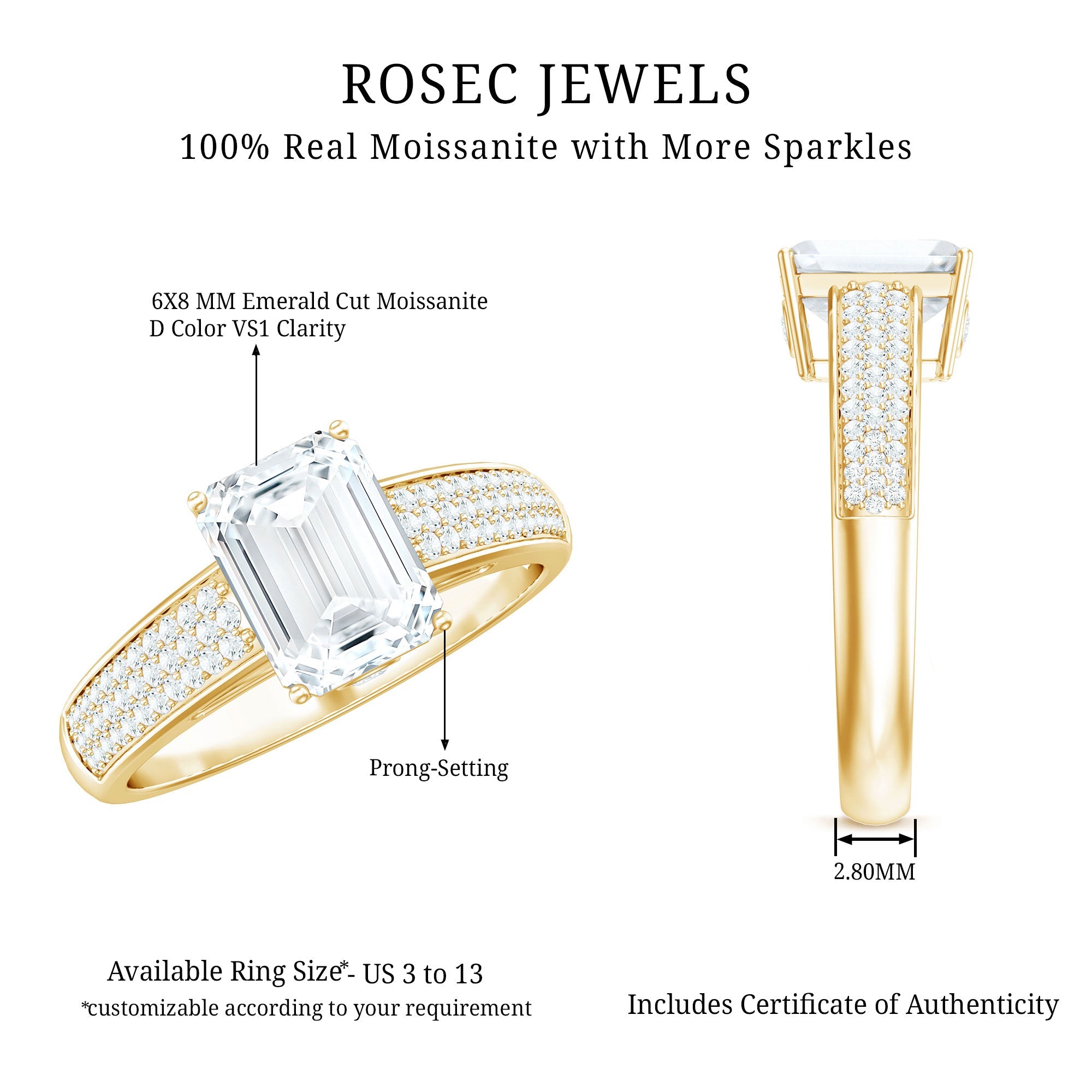 Emerald Cut Moissanite Side Stone Engagement Ring
