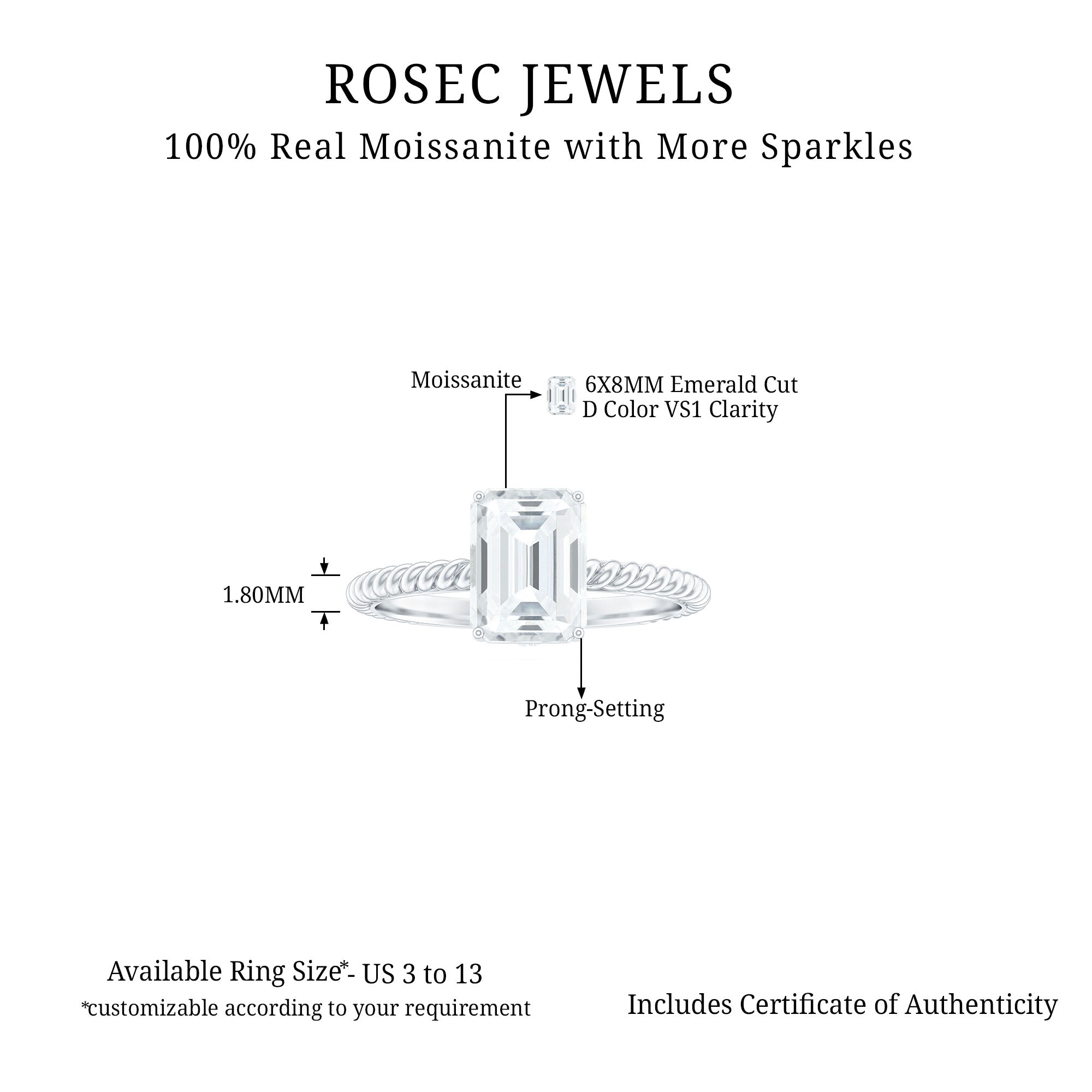Emerald Cut Moissanite Engagement Ring with Twisted Rope Design