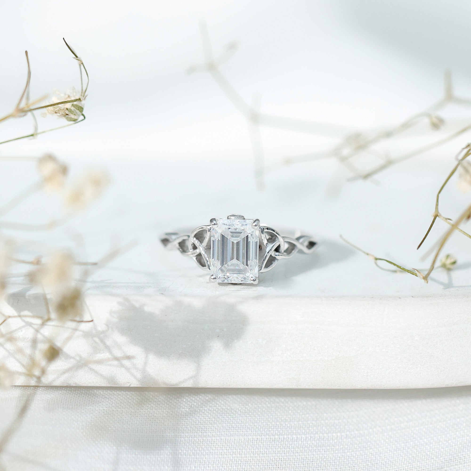 1.8 Carat Emerald Cut Moissanite Engagement Ring with Celtic Details
