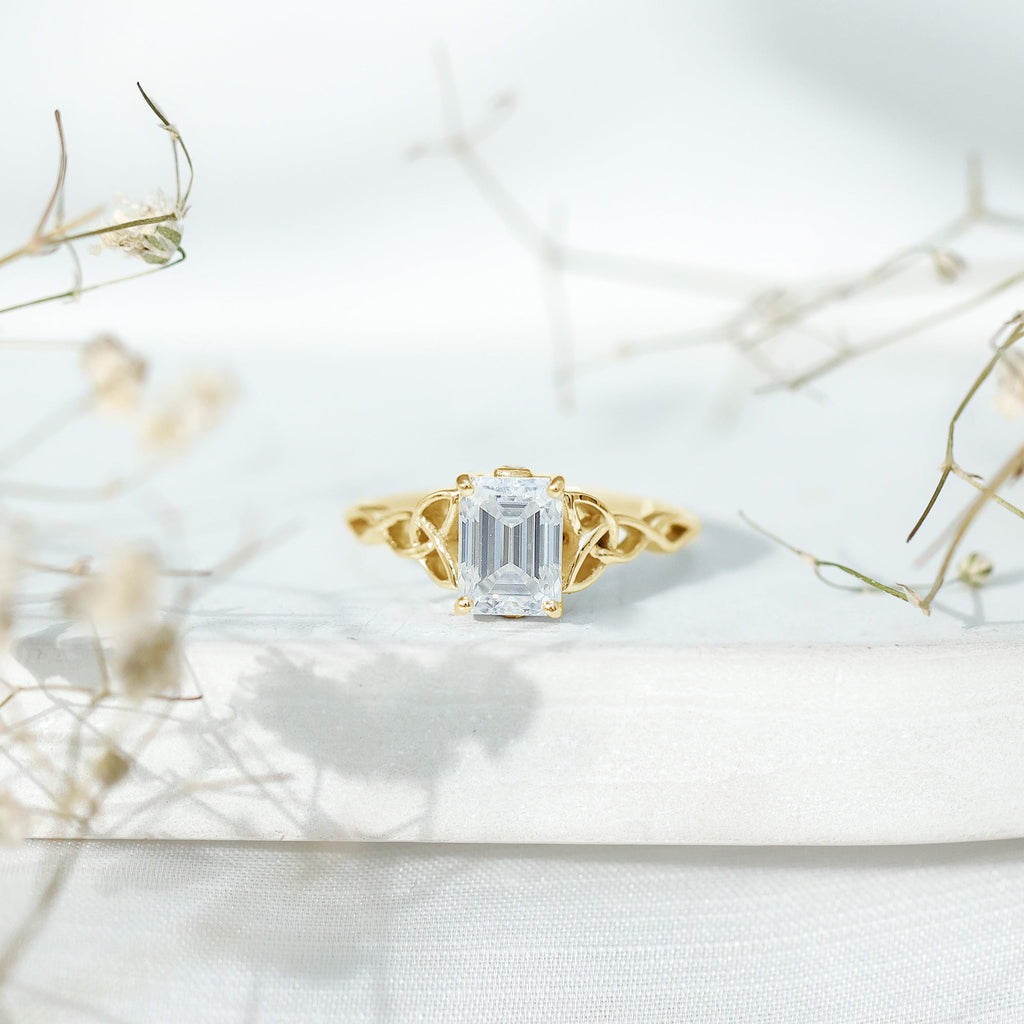 1.8 Carat Emerald Cut Moissanite Engagement Ring with Celtic Details