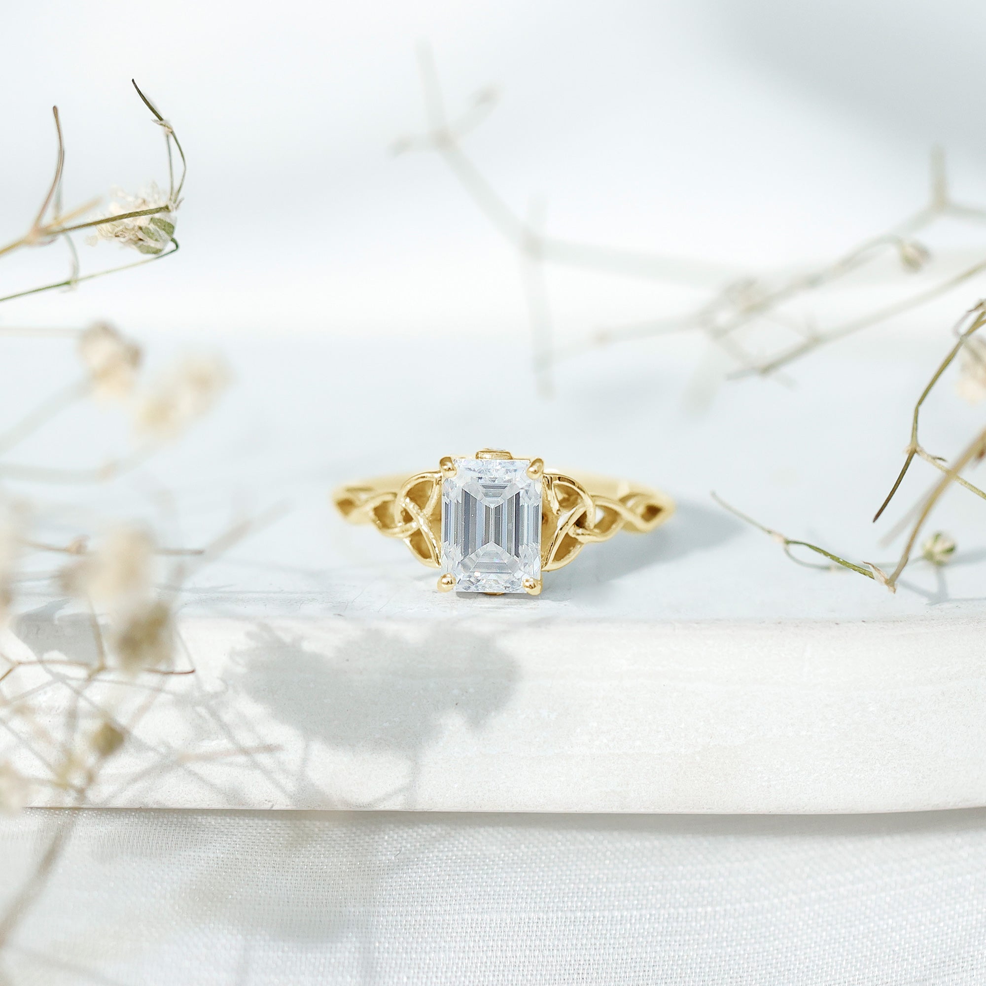 1.8 Carat Emerald Cut Moissanite Engagement Ring with Celtic Details