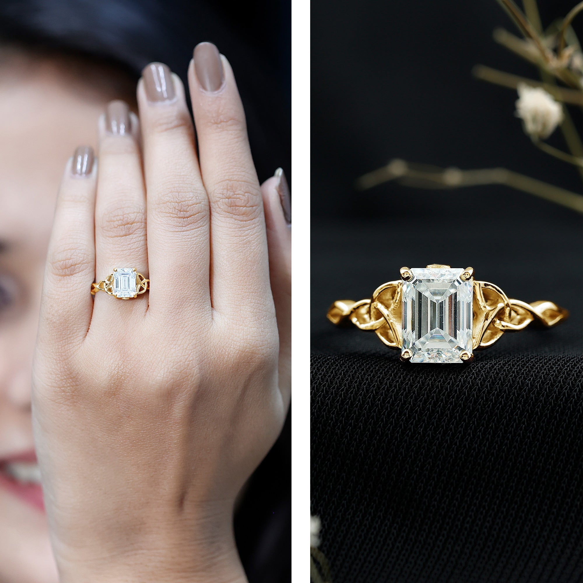 1.8 Carat Emerald Cut Moissanite Engagement Ring with Celtic Details