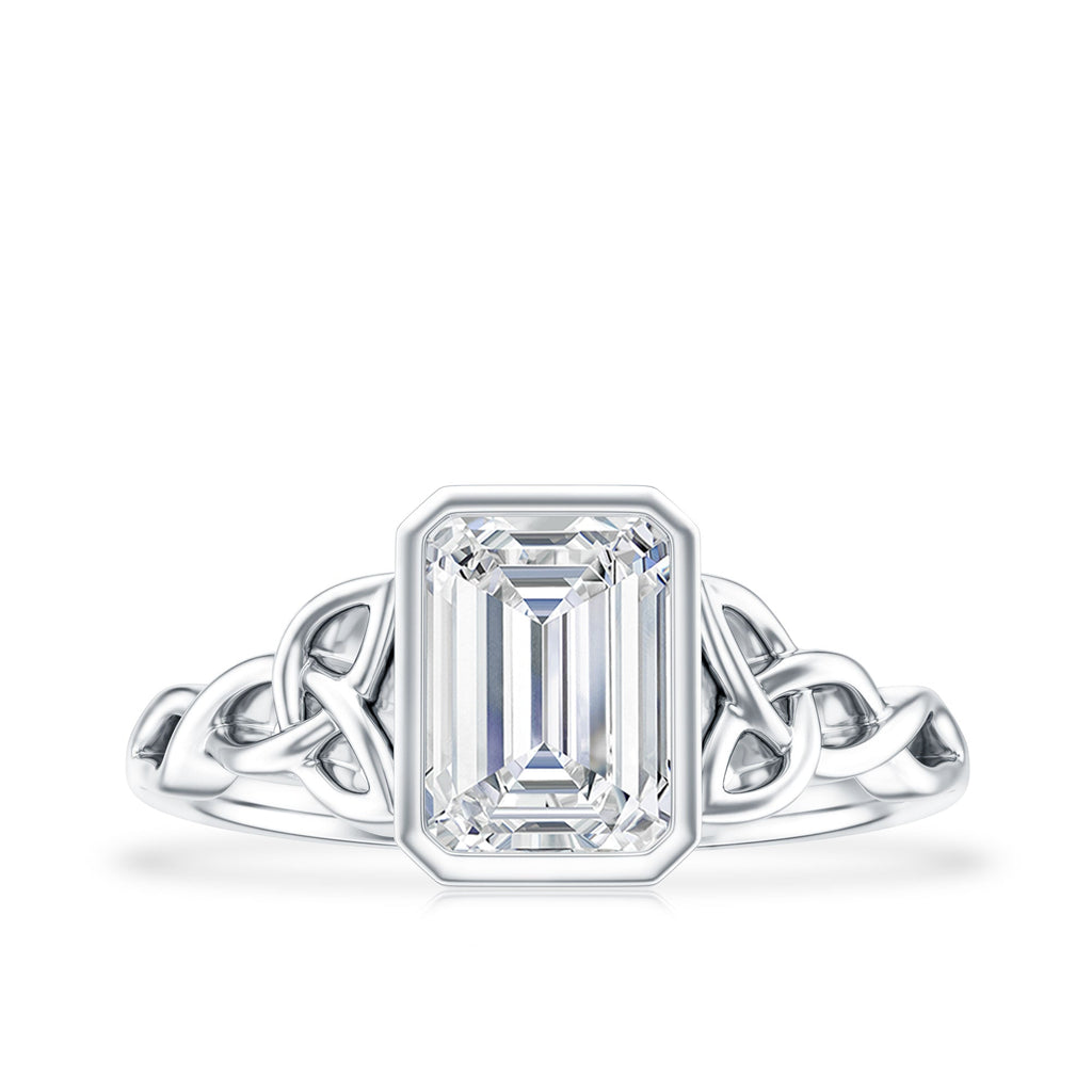 Bezel Set Emerald Cut Moissanite Celtic Engagement Ring