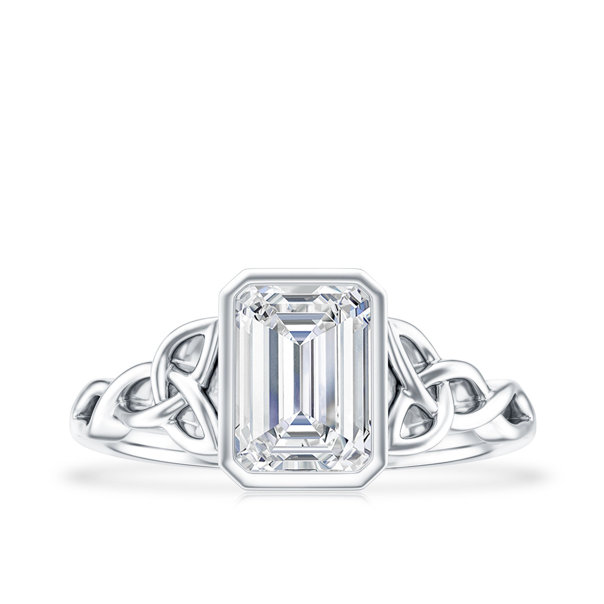 Bezel Set Emerald Cut Moissanite Celtic Engagement Ring