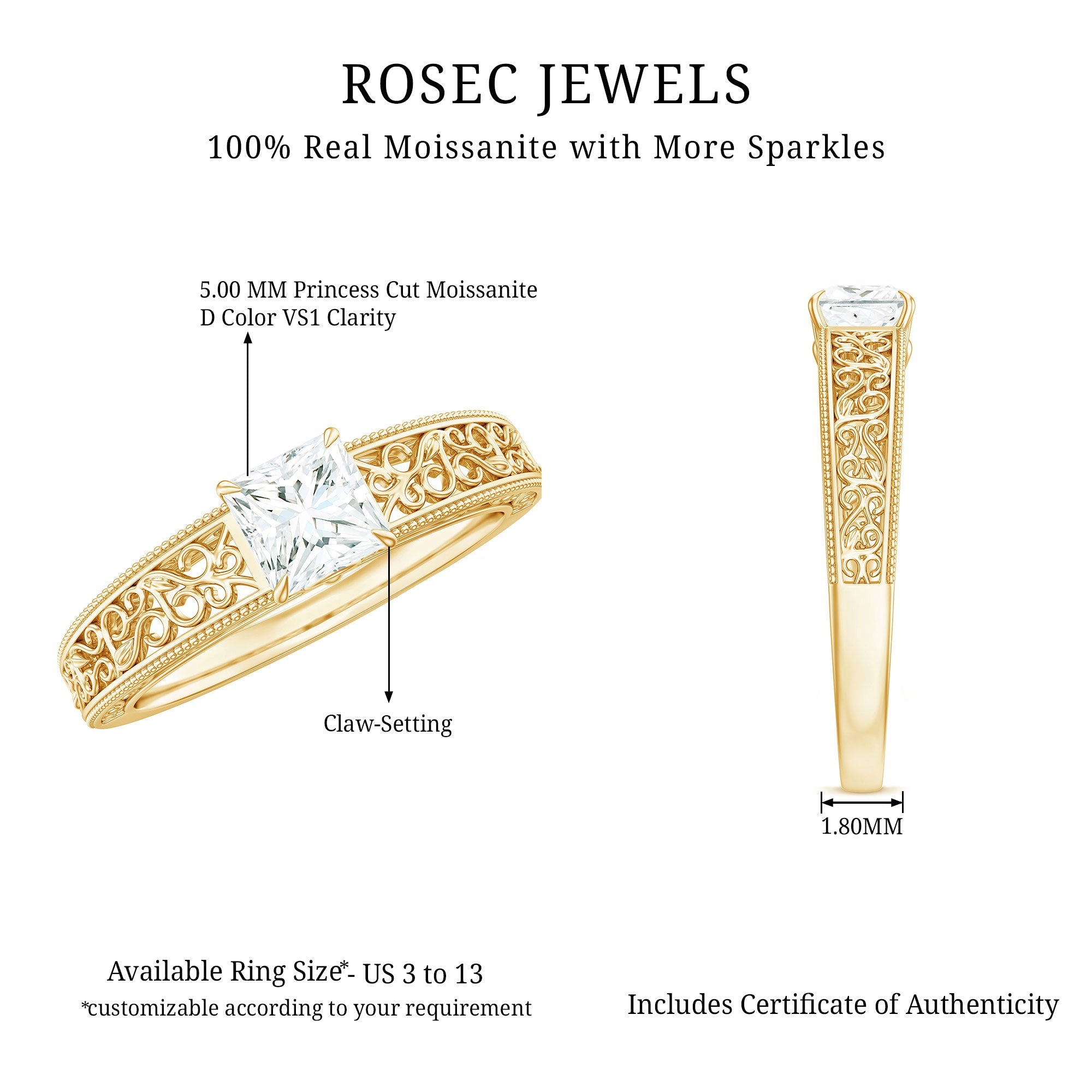 Princess Cut Solitaire Moissanite Filigree Engagement Ring