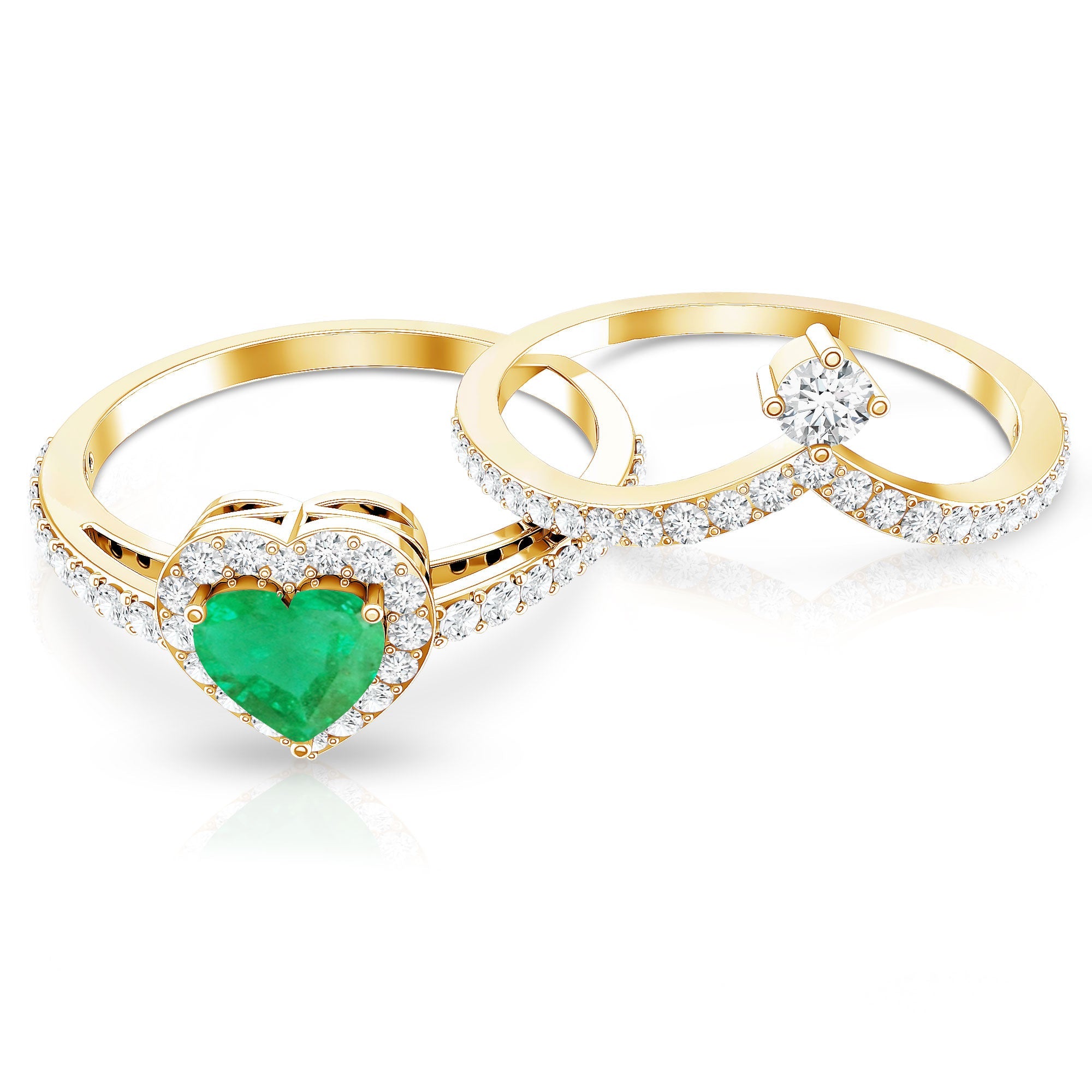 Real Emerald and Diamond Heart Wedding Ring Set with Certificate