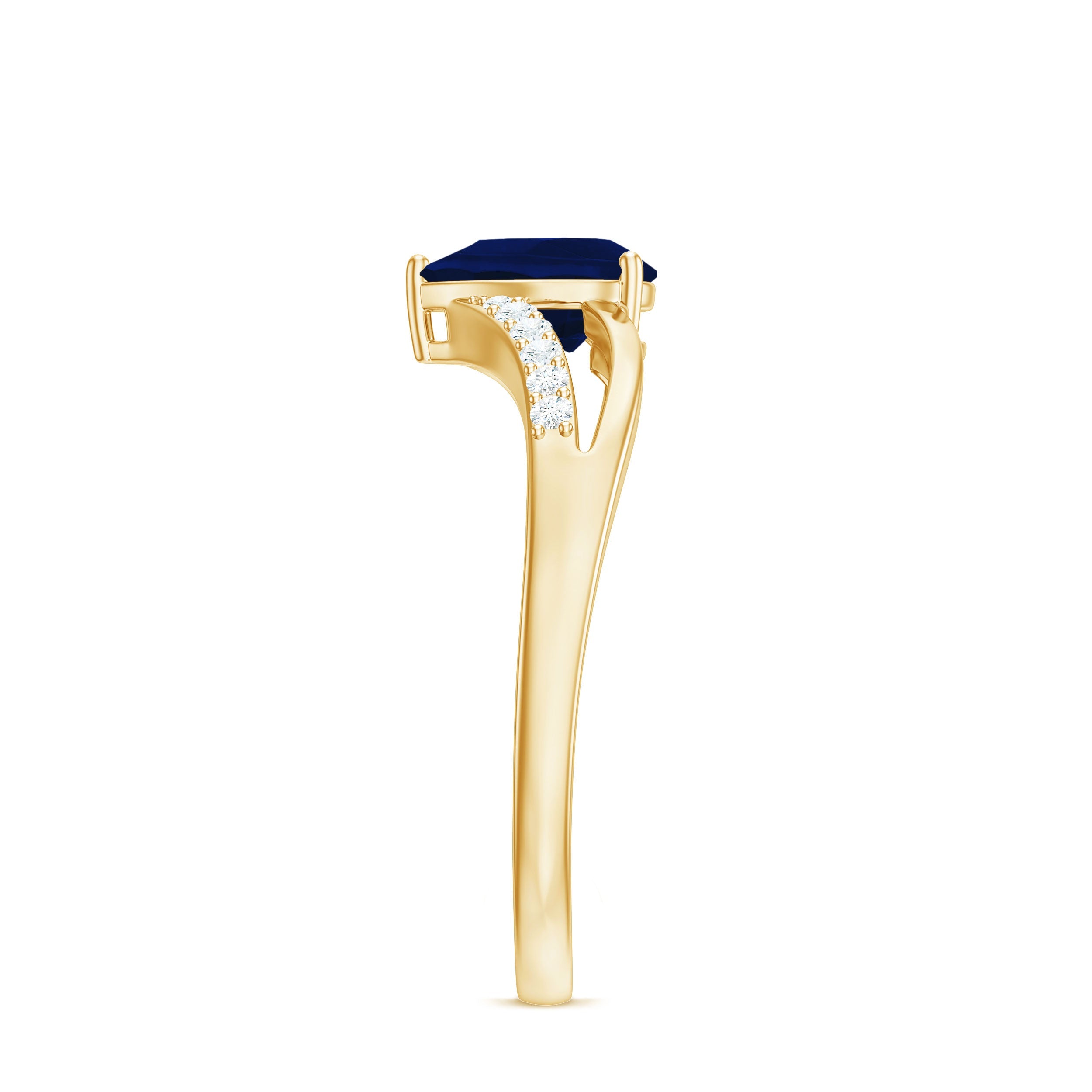 Pear Cut Solitaire Blue Sapphire Split Shank Ring with Diamond