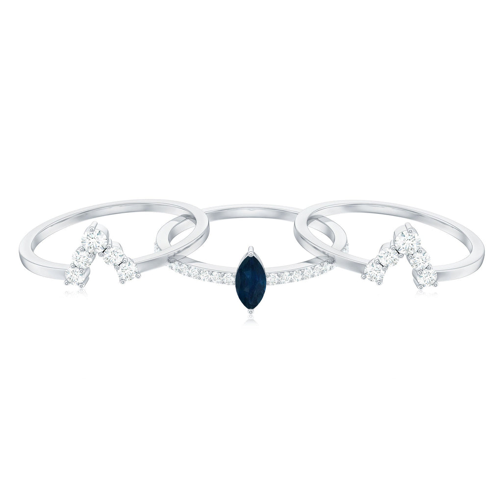 Natural Marquise Cut Blue Sapphire and Diamond Three Piece Stackable Ring Set