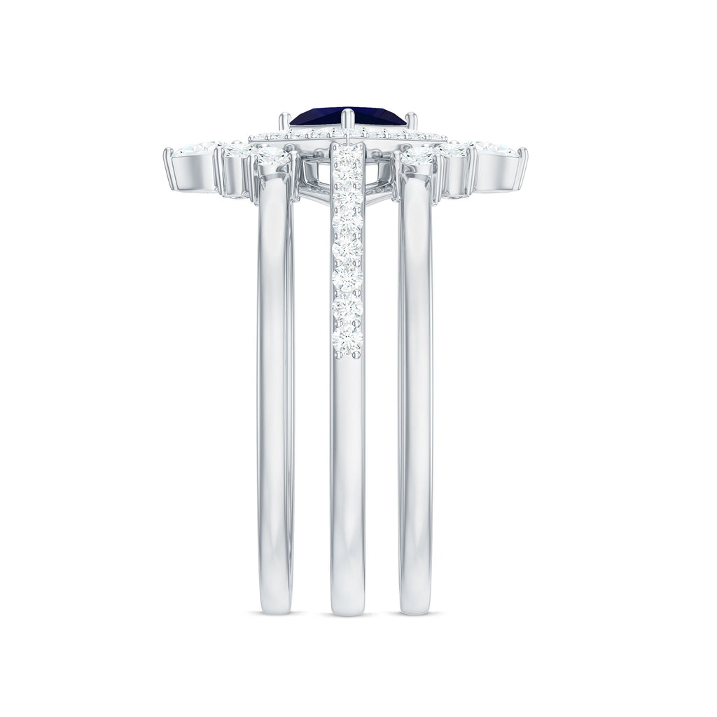 0.4 Carat Princess Cut Blue Sapphire Bridal Ring Set with Moissanite Halo