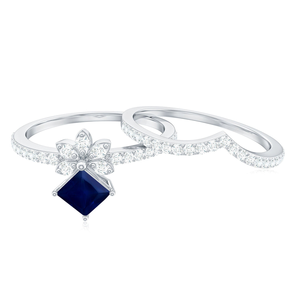 Designer Princess Cut Blue Sapphire and Diamond Flower Wedding Ring Set
