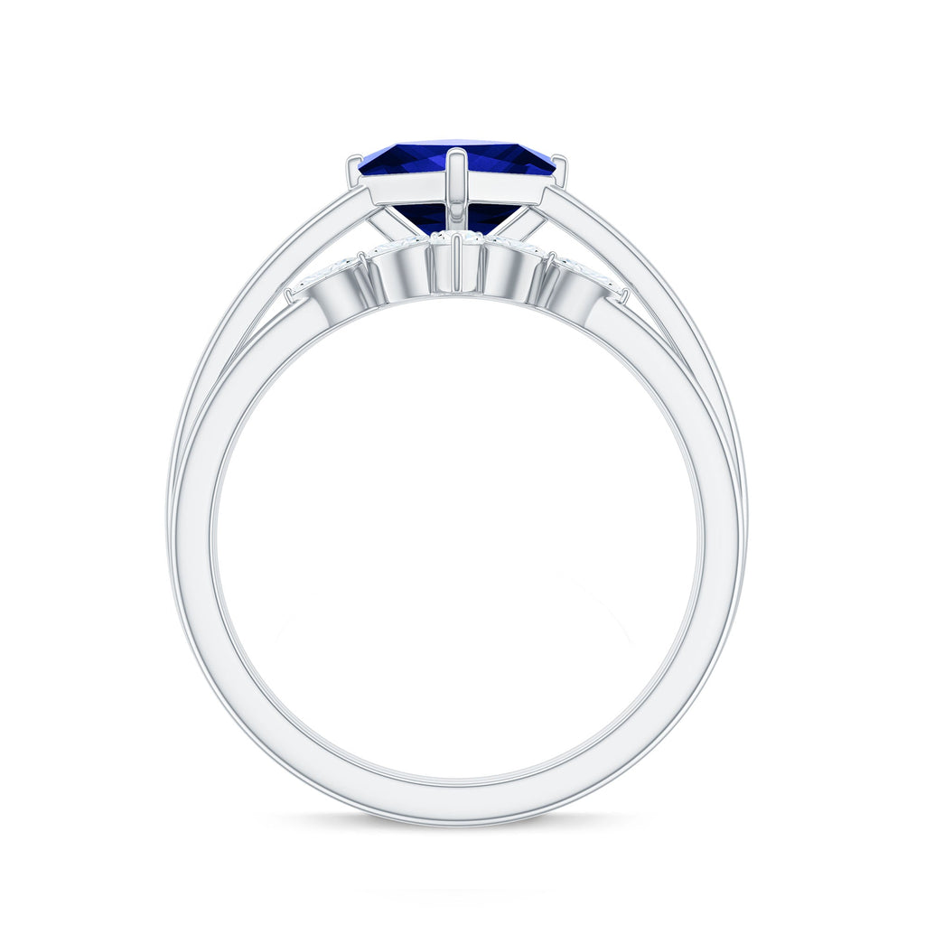 Certified Lab Grown Blue Sapphire Princess Cut Engagement Ring Set with Diamond