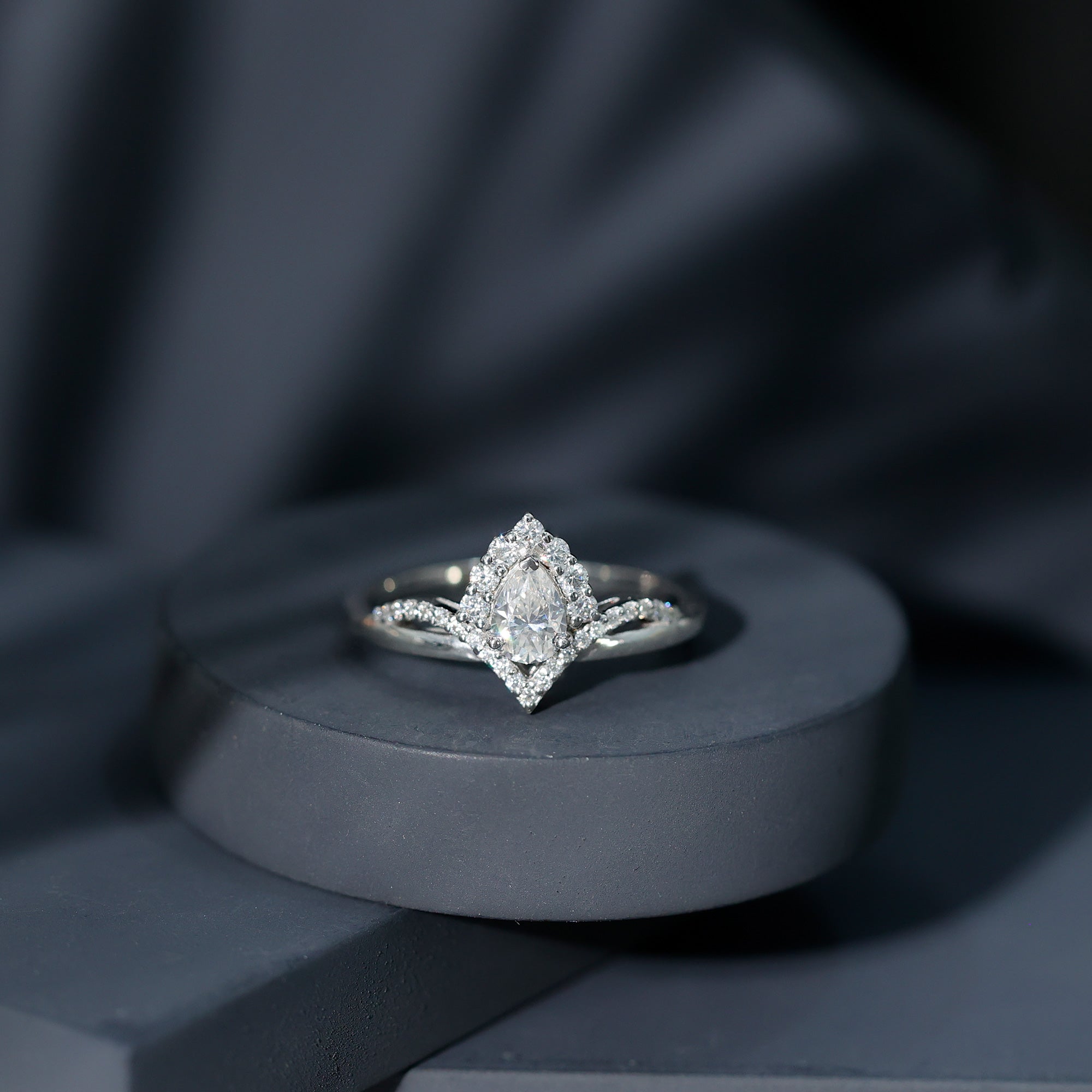 Designer 0.79 Carat Pear Shaped Moissanite Engagement Ring
