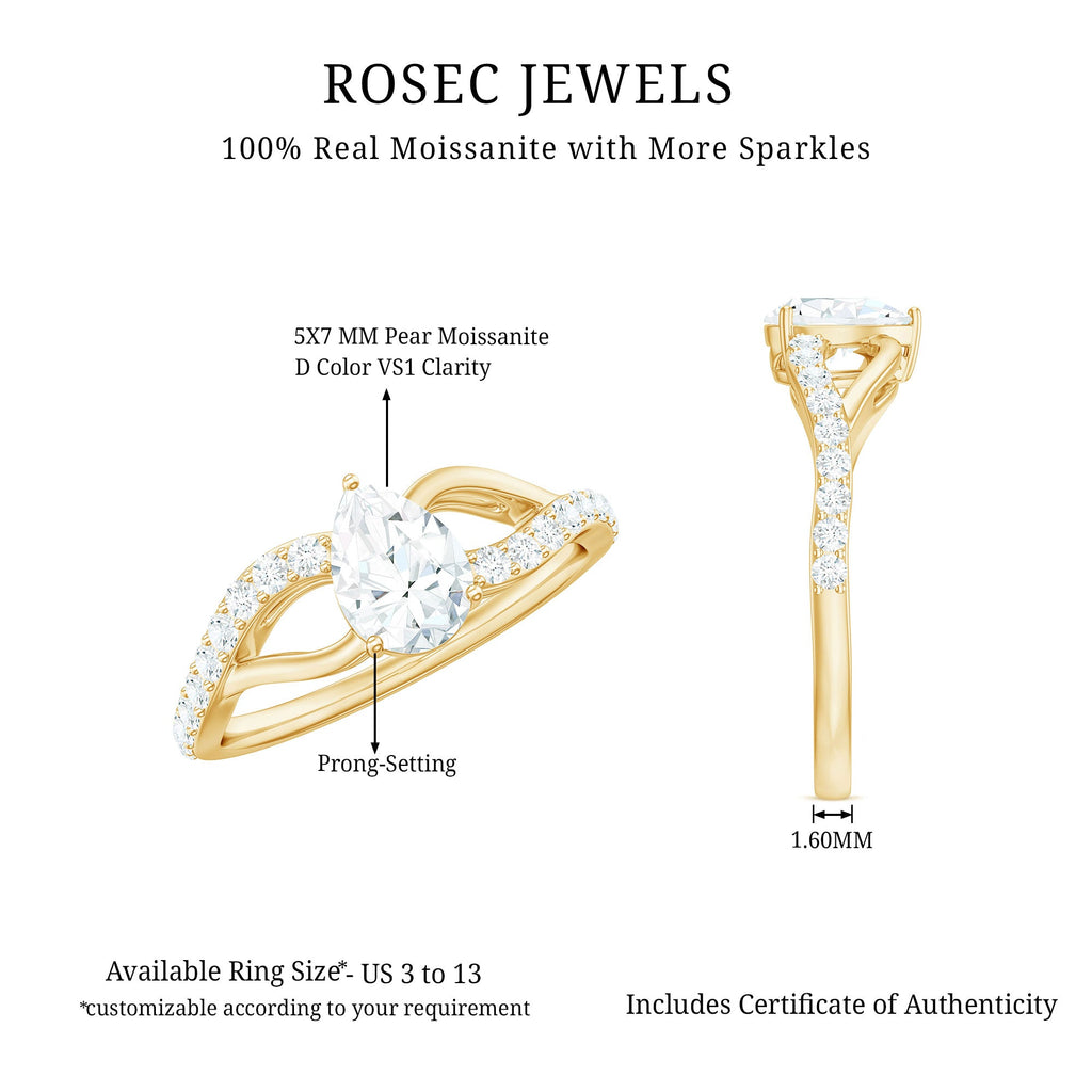 Certified Pear Cut Moissanite Split Shank Engagement Ring