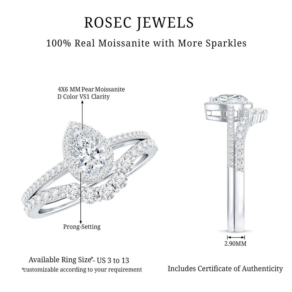 0.5 Carat Certified Moissanite Teardrop Bridal Ring Set with Halo