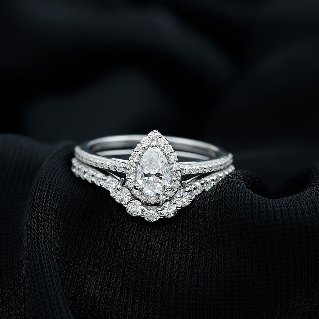 0.5 Carat Certified Moissanite Teardrop Bridal Ring Set with Halo