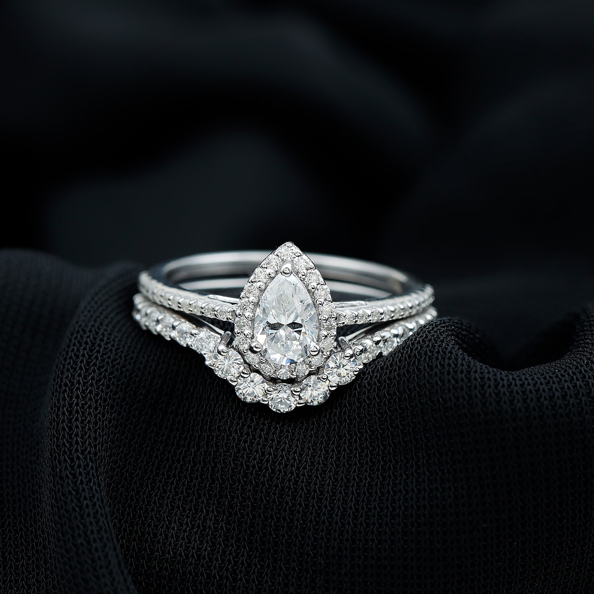 0.5 Carat Certified Moissanite Teardrop Bridal Ring Set with Halo