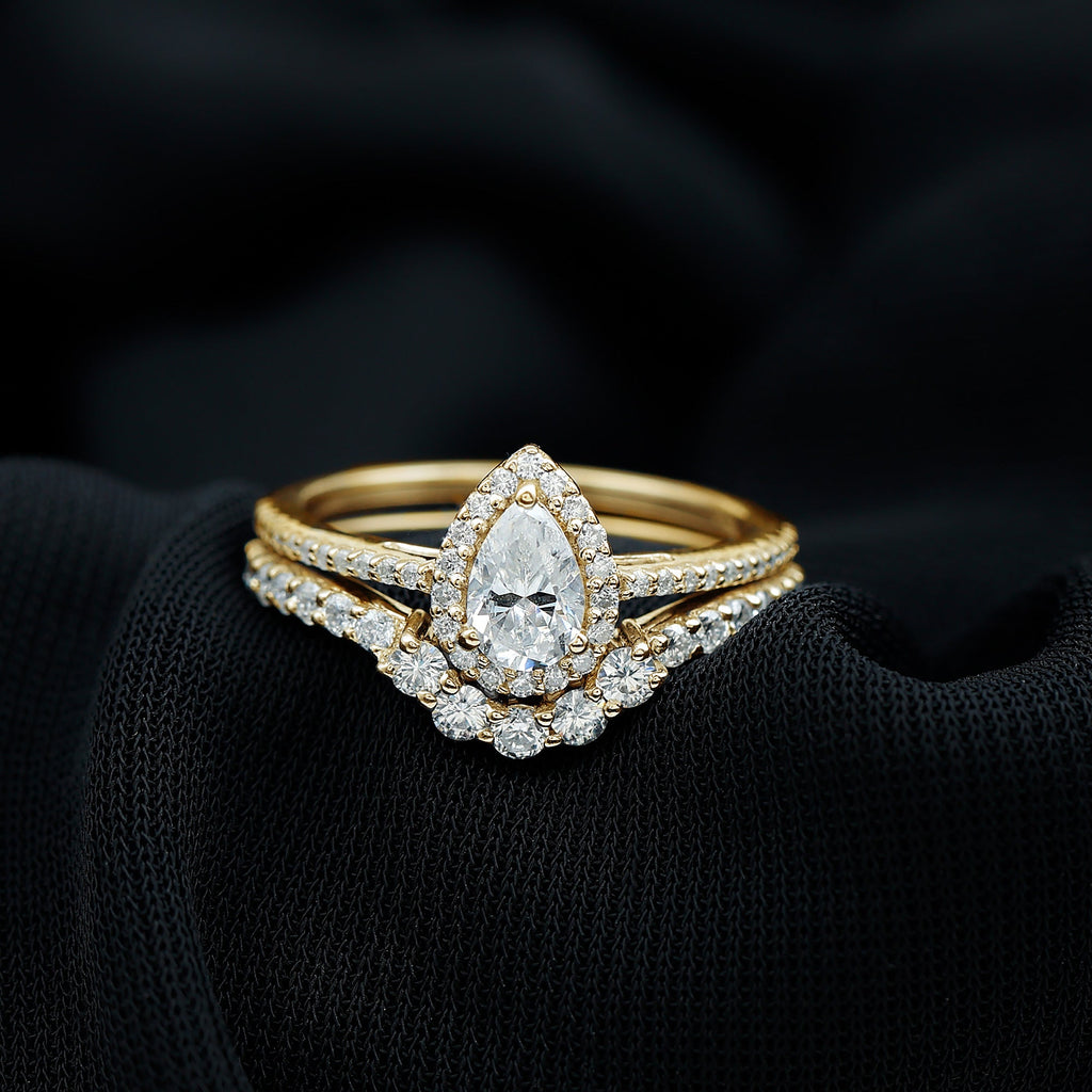 0.5 Carat Certified Moissanite Teardrop Bridal Ring Set with Halo