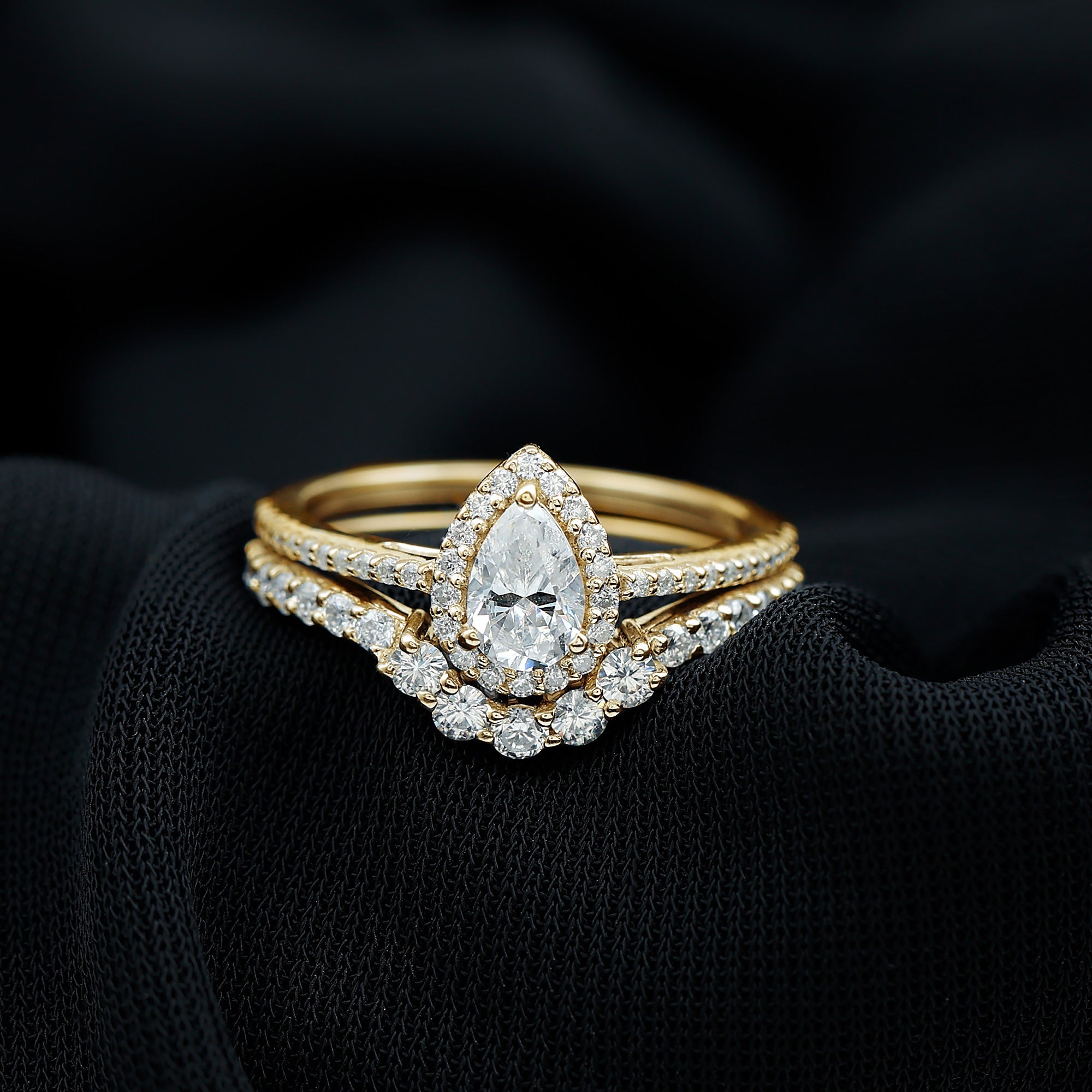 0.5 Carat Certified Moissanite Teardrop Bridal Ring Set with Halo