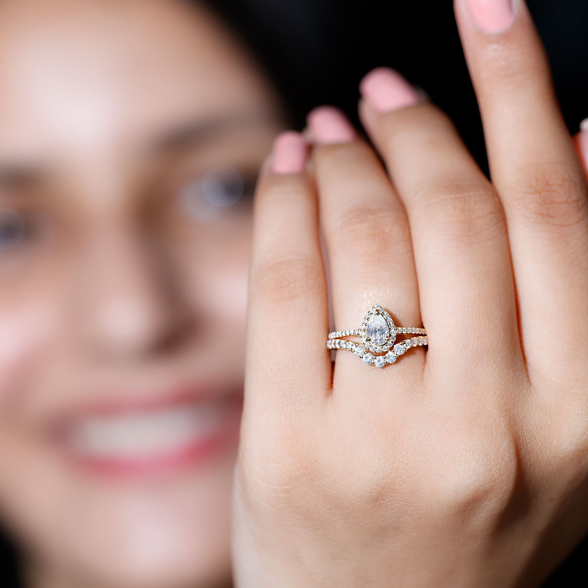 0.5 Carat Certified Moissanite Teardrop Bridal Ring Set with Halo
