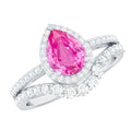 Pear Created Pink Sapphire Teardrop Ring Set with Moissanite Band