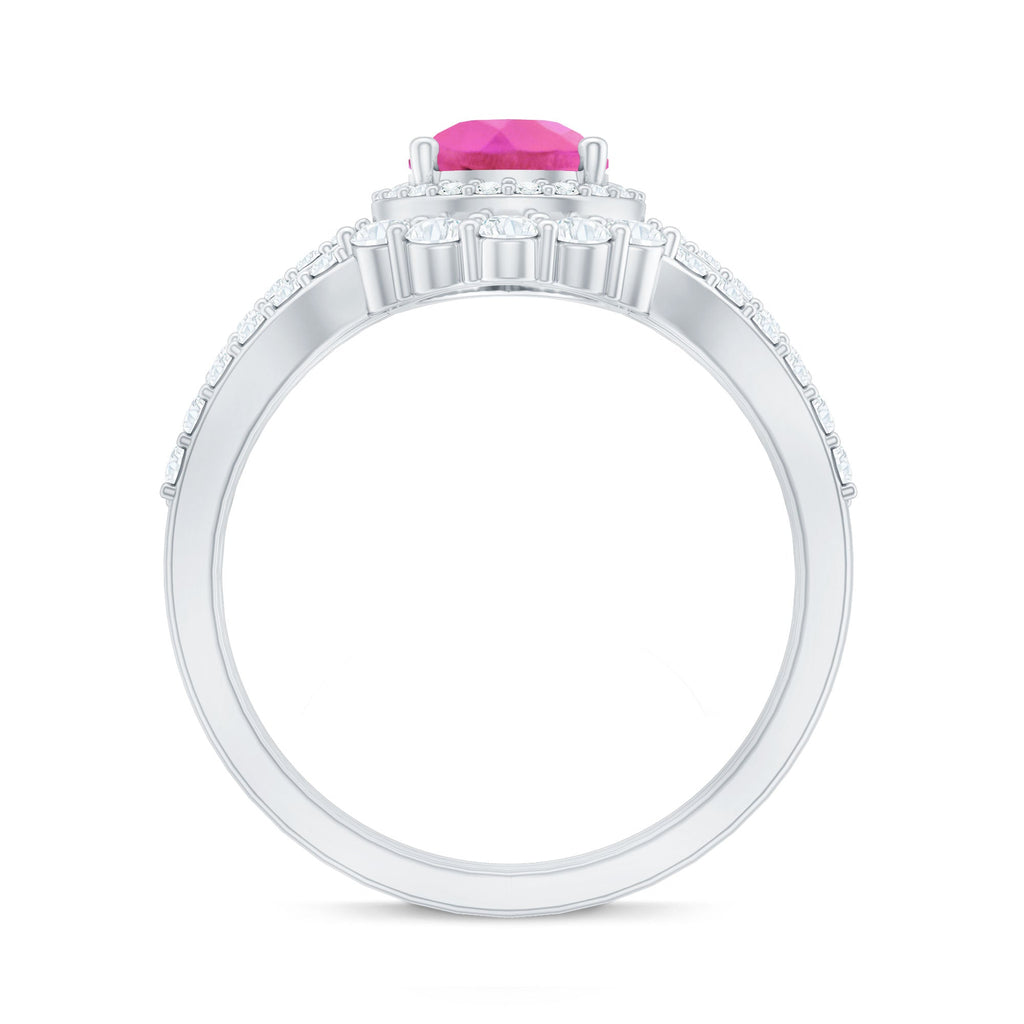 Pear Created Pink Sapphire Teardrop Ring Set with Moissanite Band