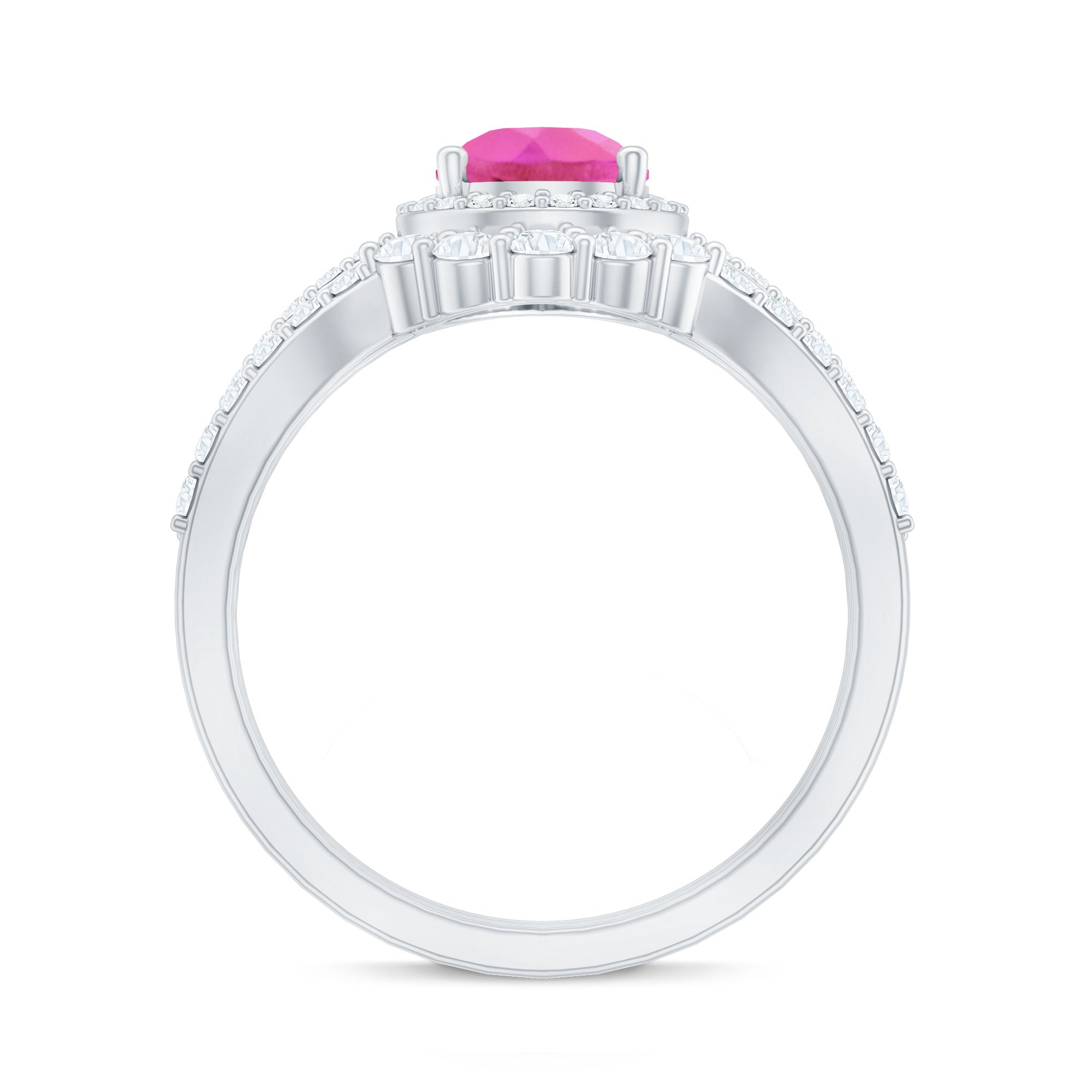 Pear Created Pink Sapphire Teardrop Ring Set with Moissanite Band