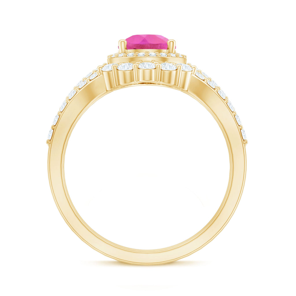 Pear Created Pink Sapphire Teardrop Ring Set with Moissanite Band