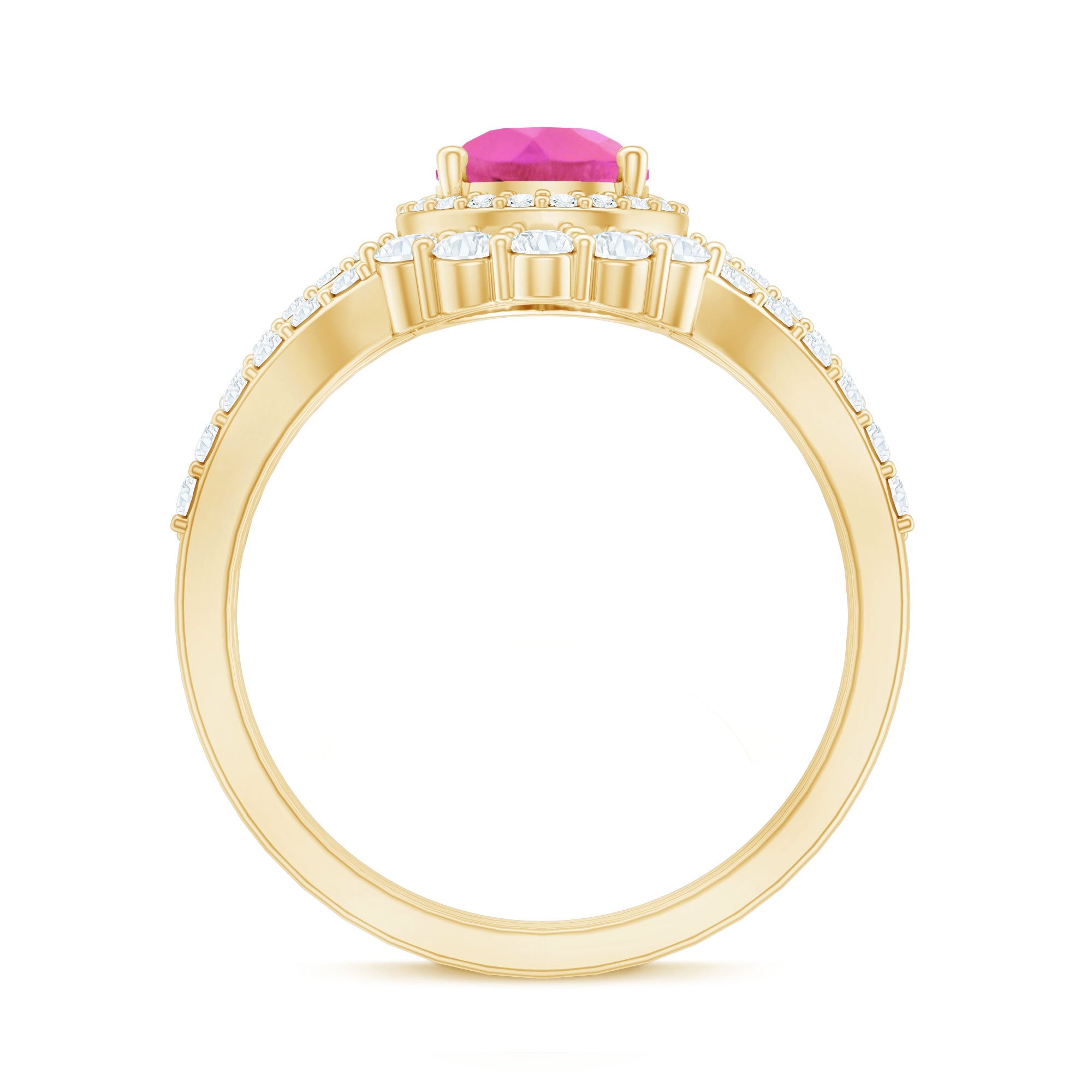 Pear Created Pink Sapphire Teardrop Ring Set with Moissanite Band