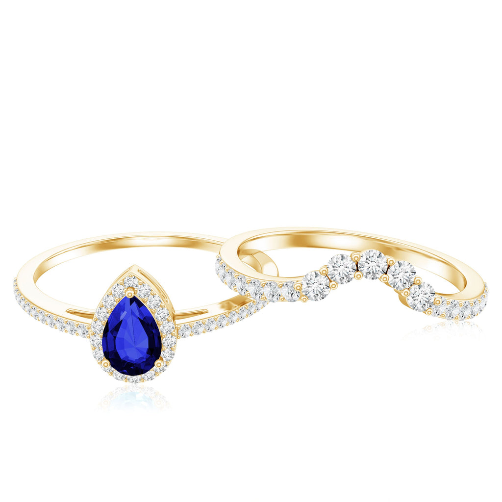 Certified Lab Grown Blue Sapphire Diamond Pear Shaped Engagement Ring Set